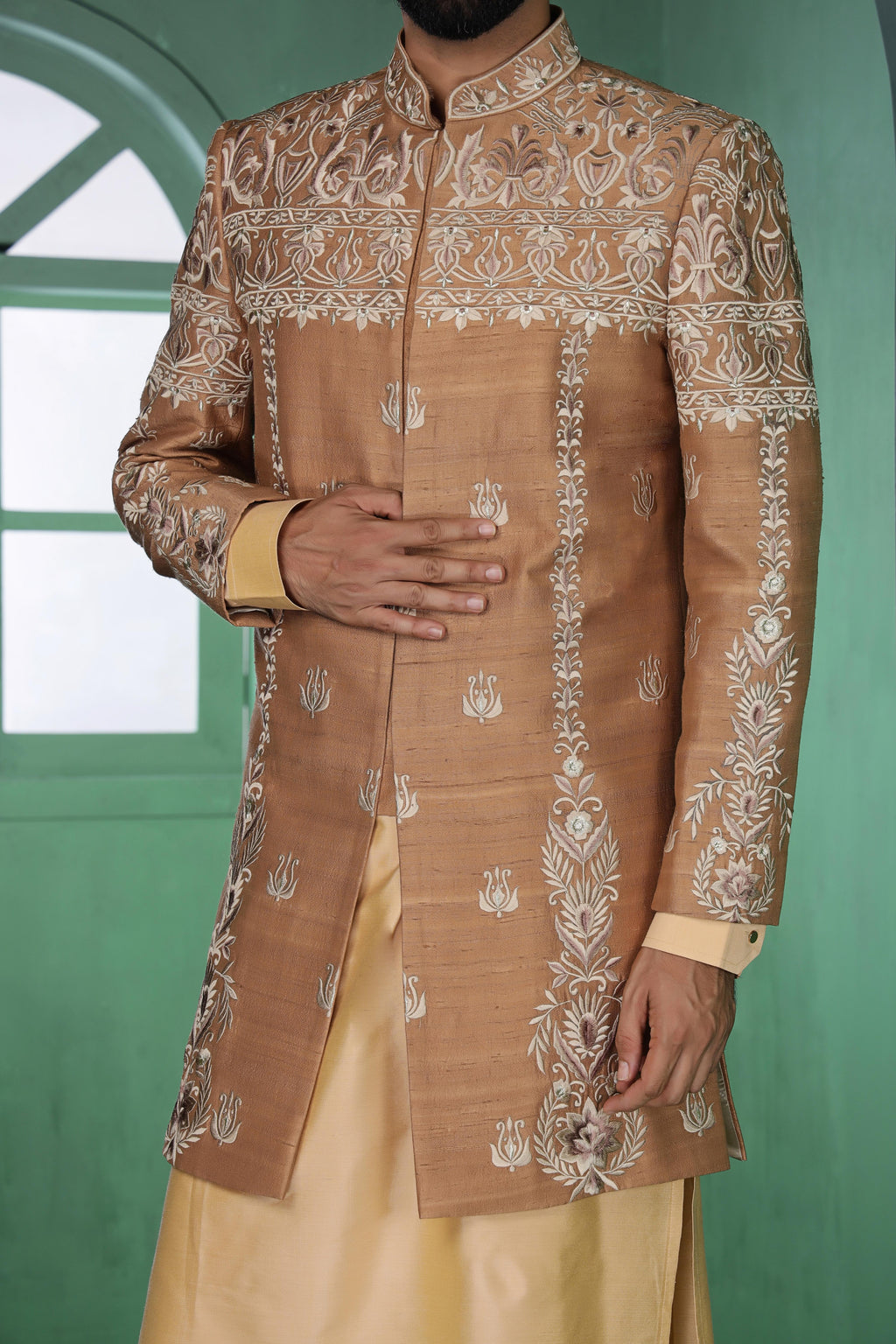 Beige Indo-Western Threaded Set