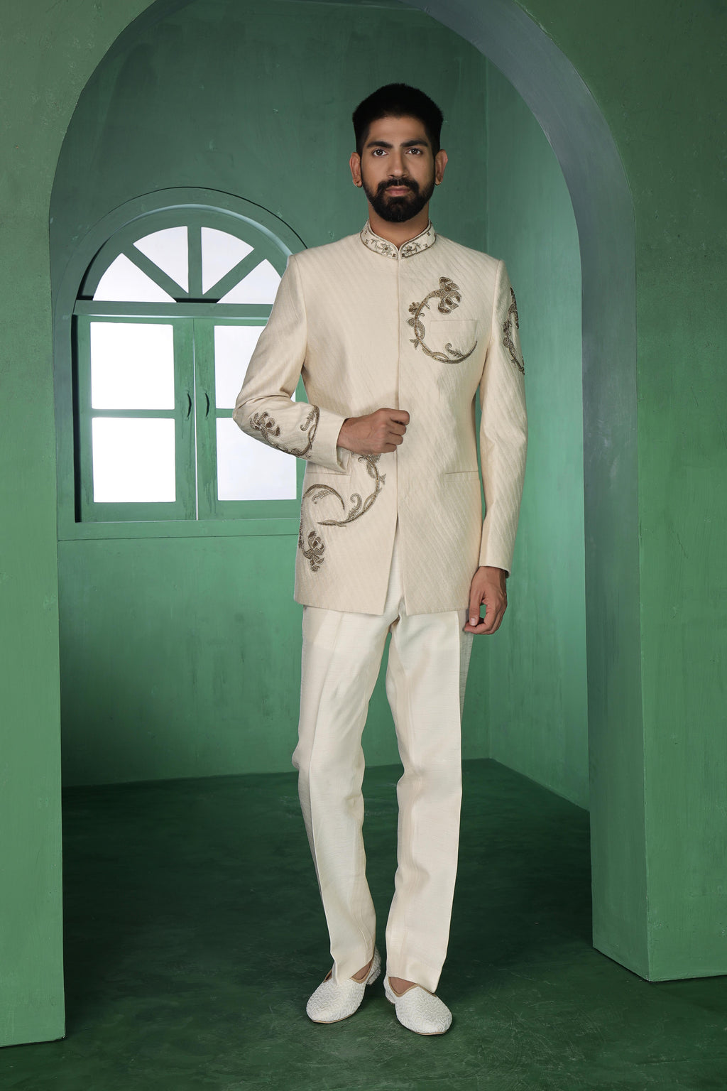 Light Beige Fish & Floral Bandgala