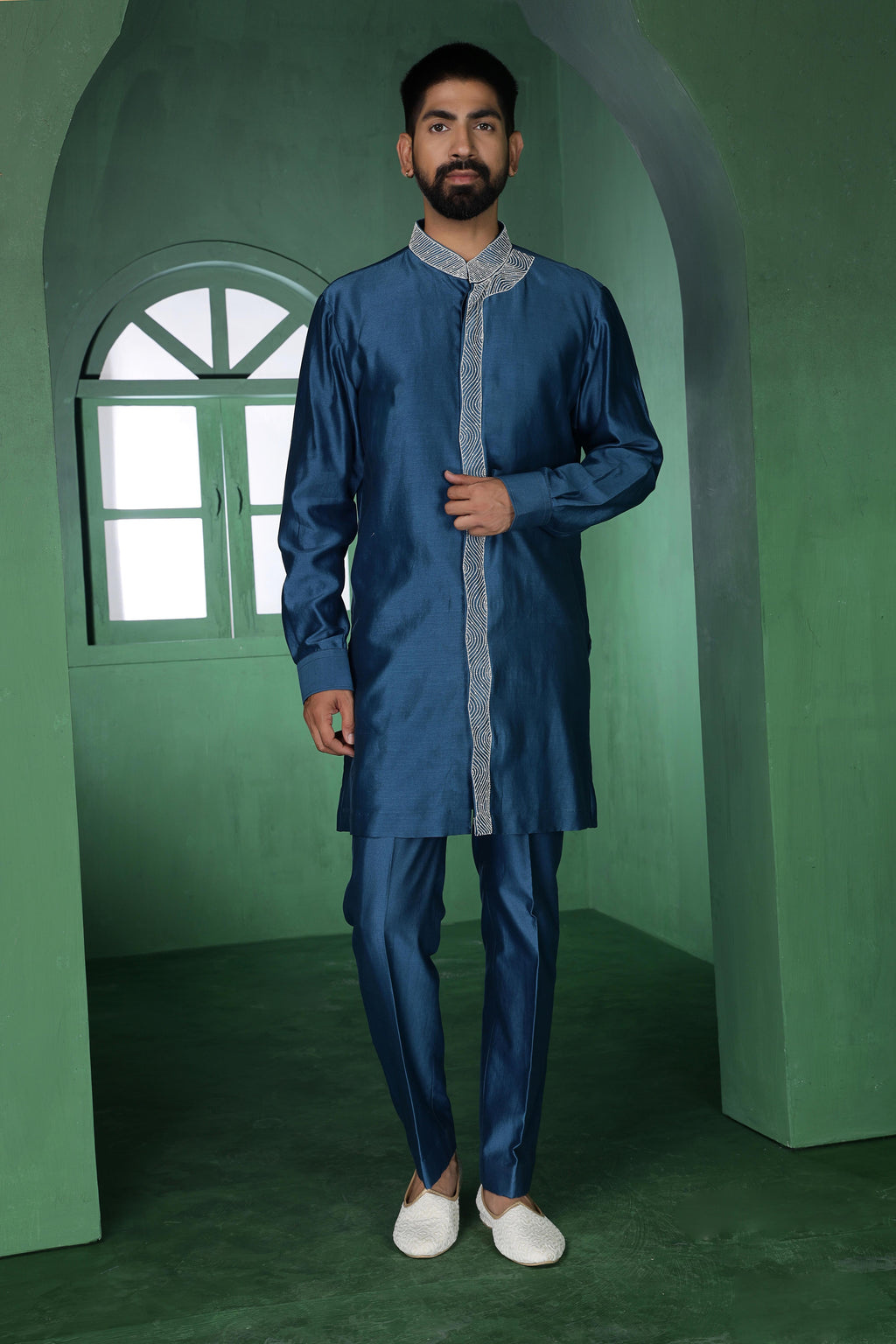 Blue Open Jacket with Cutdana Work