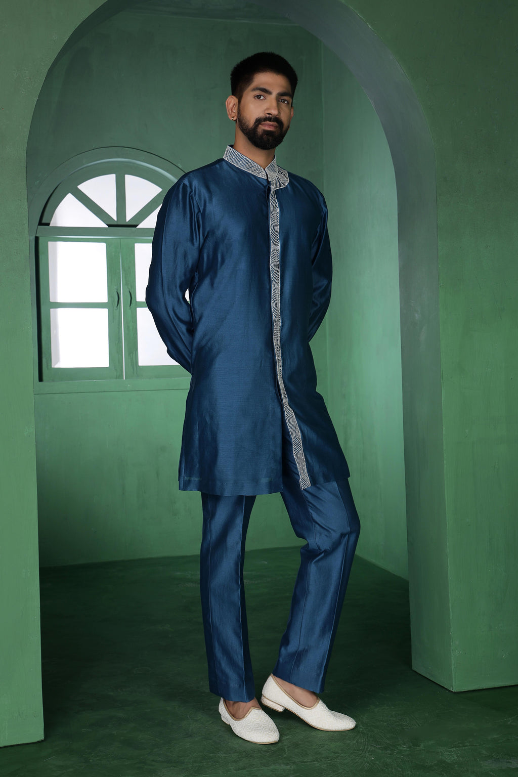 Blue Open Jacket with Cutdana Work