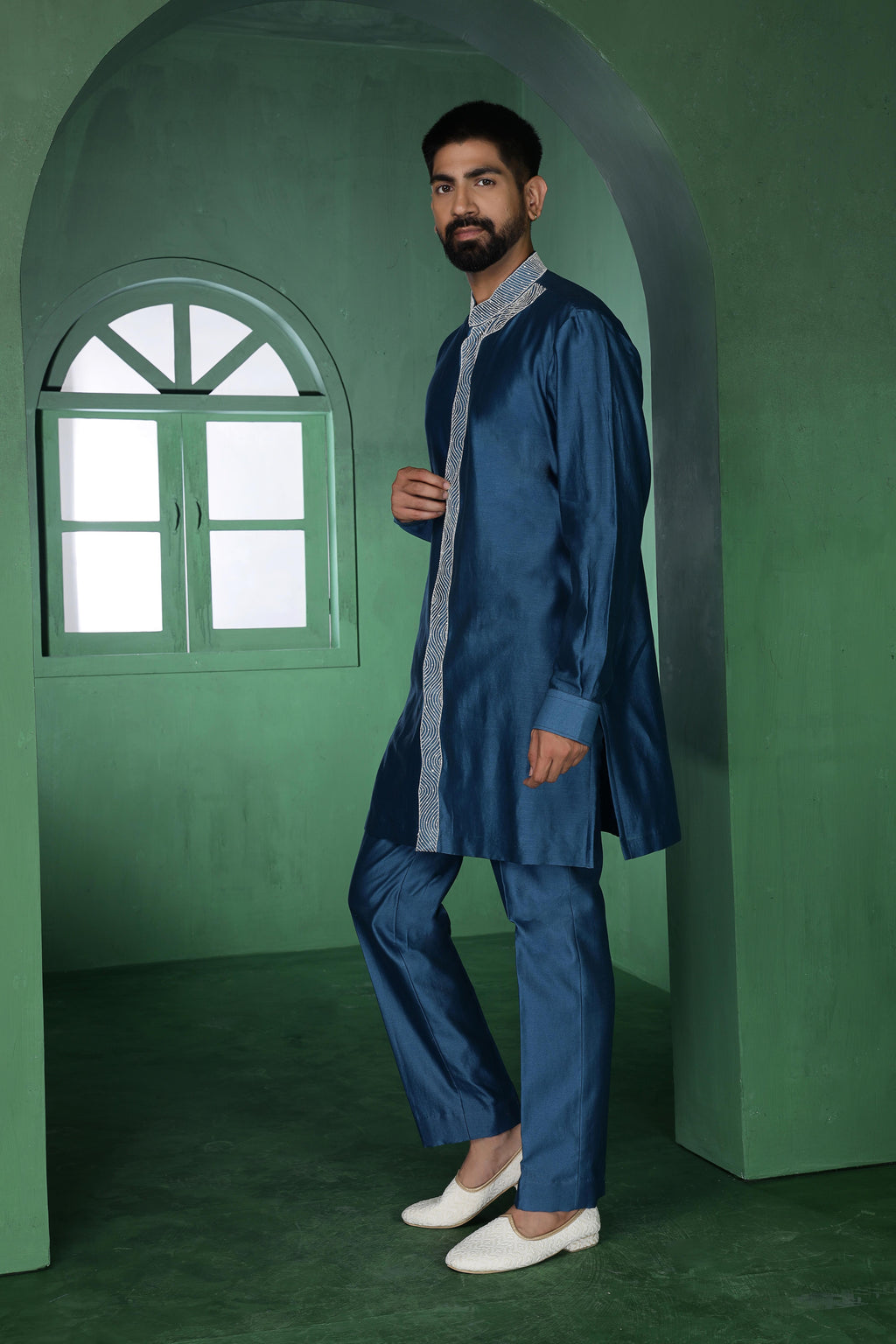 Blue Open Jacket with Cutdana Work