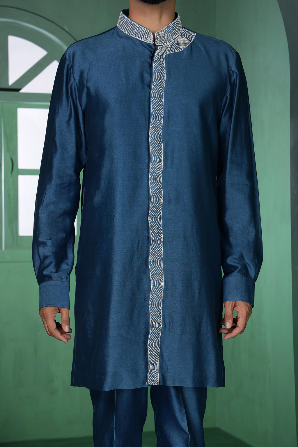 Blue Open Jacket with Cutdana Work