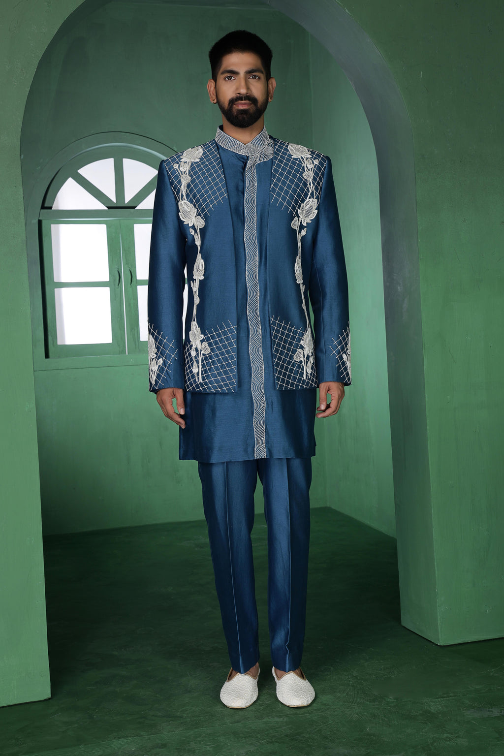 Blue Open Jacket with Cutdana Work