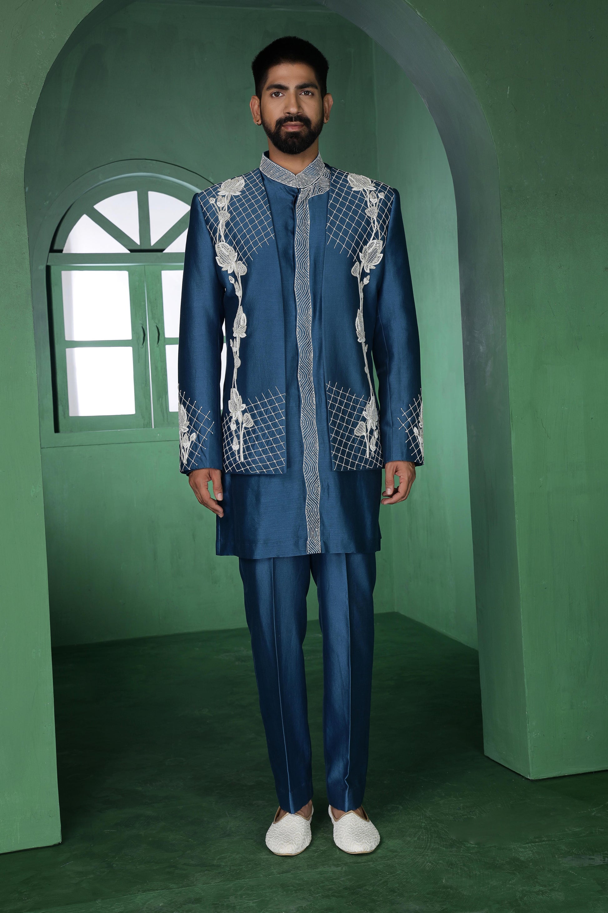 Blue Open Jacket with Cutdana Work
