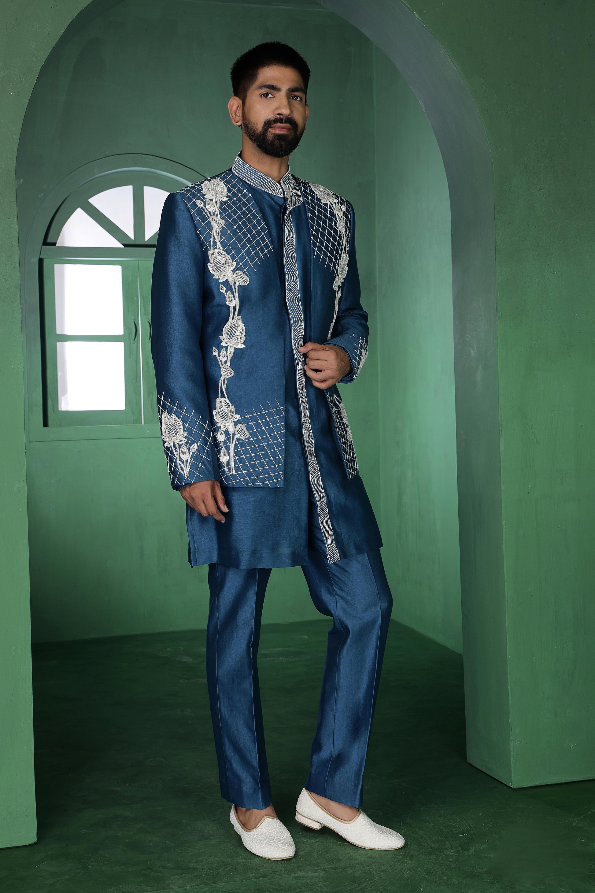 Blue Open Jacket with Cutdana Work