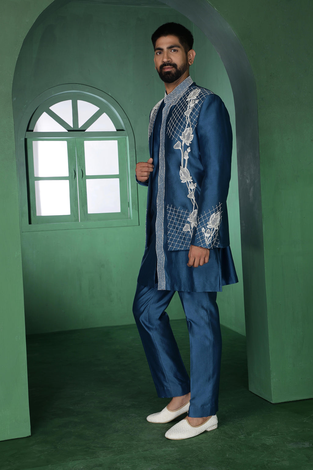 Blue Open Jacket with Cutdana Work