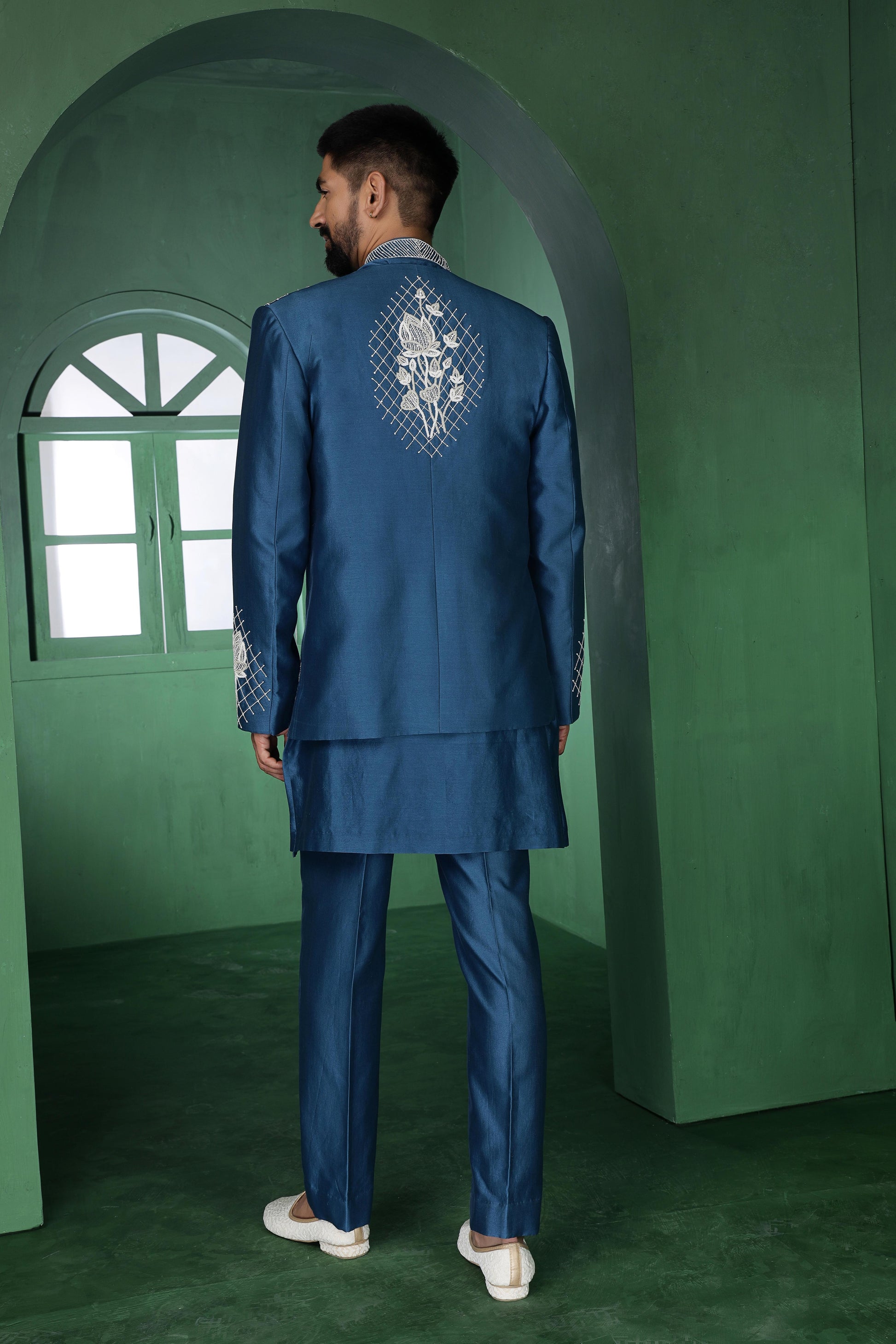 Blue Open Jacket with Cutdana Work