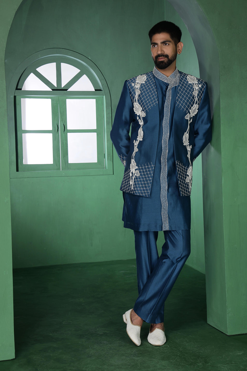 Blue Open Jacket with Cutdana Work