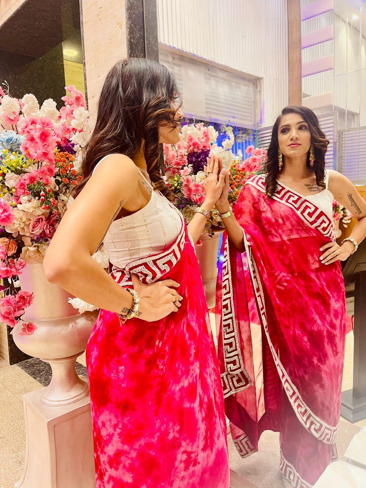 Elegant Red Sheer Saree with Greek Key Border