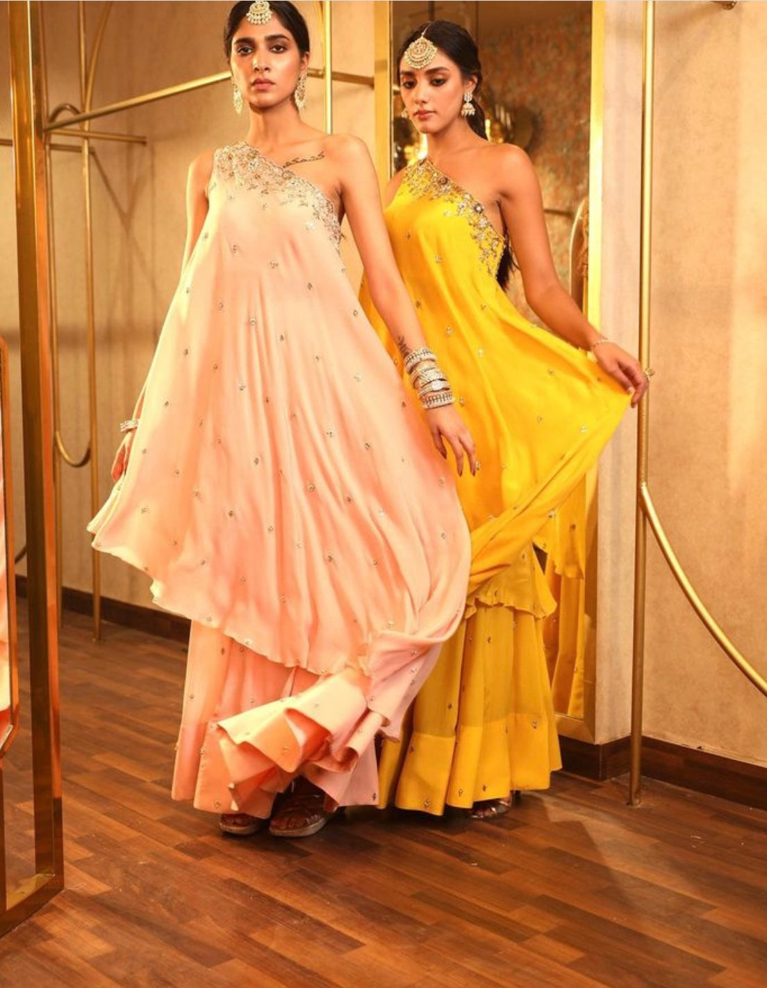 Peach One Shoulder Cape Set with Skirt – Mirror, Sequin, Cutdana & Dabka Embroidery in Crepe