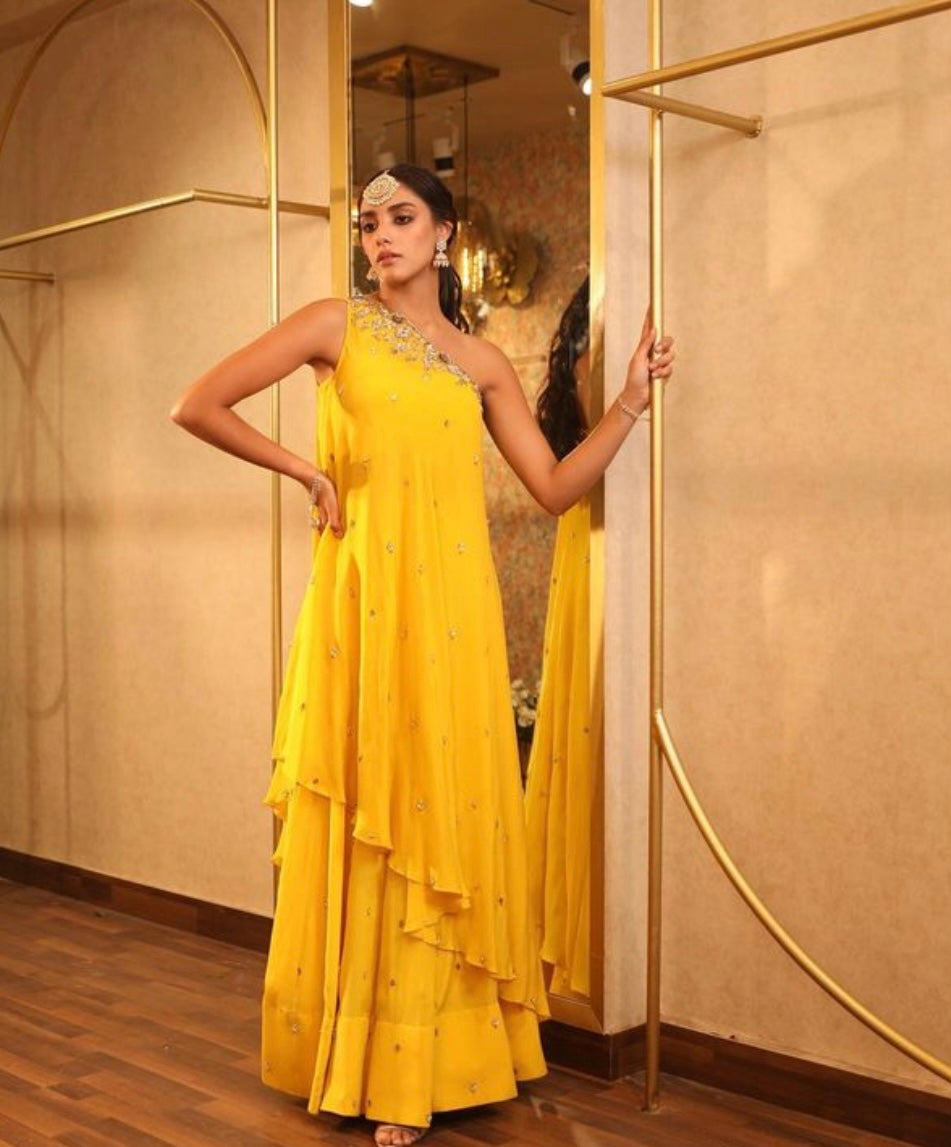 Peach One Shoulder Cape Set with Skirt – Mirror, Sequin, Cutdana & Dabka Embroidery in Crepe