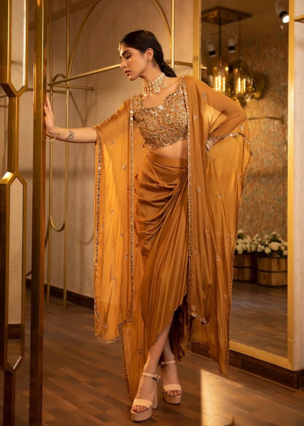 Blue & Mustard Drape Skirt with Blouse and Cape – Mirror, Dori, Sequin & Cutdana Embroidery in Crepe
