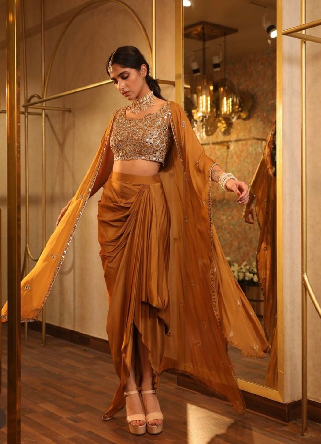 Blue & Mustard Drape Skirt with Blouse and Cape – Mirror, Dori, Sequin & Cutdana Embroidery in Crepe