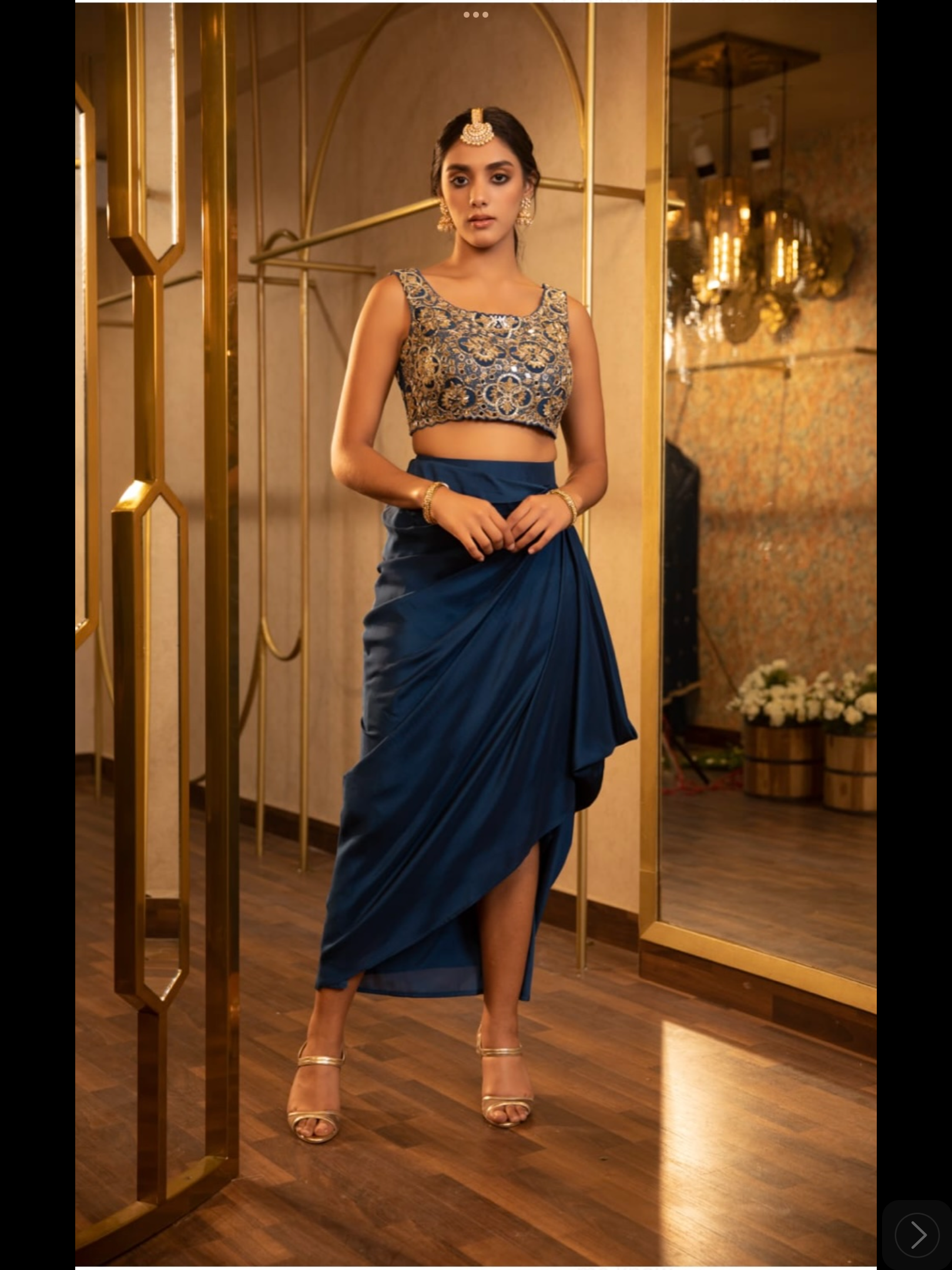 Blue & Mustard Drape Skirt with Blouse and Cape – Mirror, Dori, Sequin & Cutdana Embroidery in Crepe