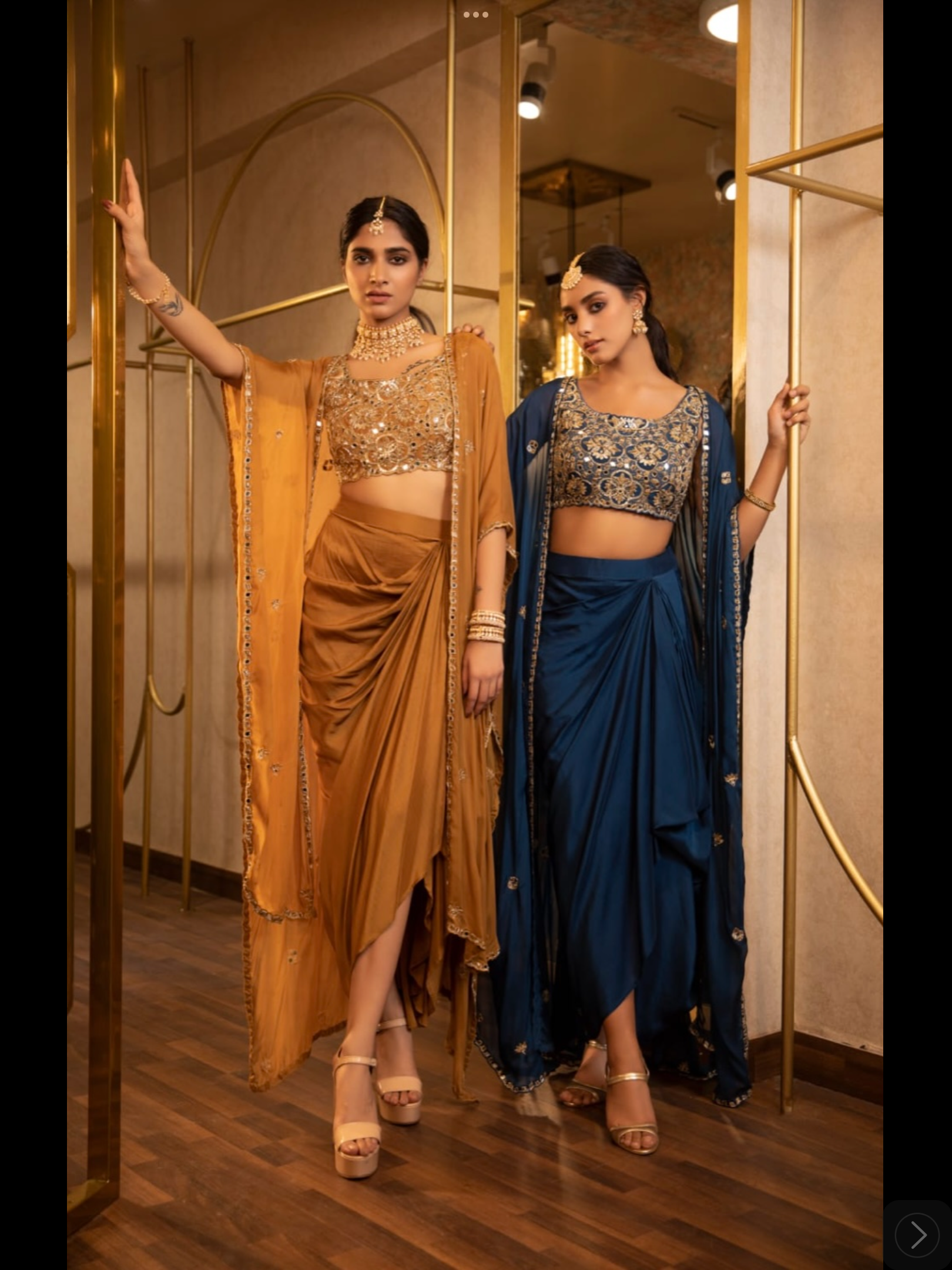 Blue & Mustard Drape Skirt with Blouse and Cape – Mirror, Dori, Sequin & Cutdana Embroidery in Crepe