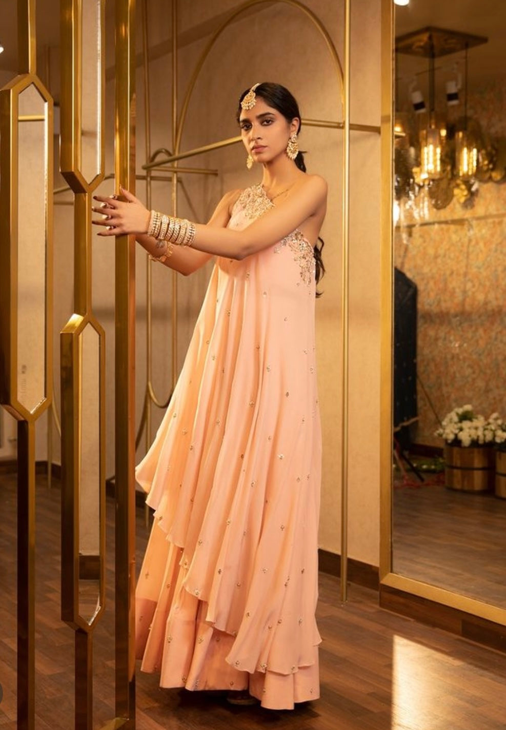 Peach One Shoulder Cape Set with Skirt – Mirror, Sequin, Cutdana & Dabka Embroidery in Crepe