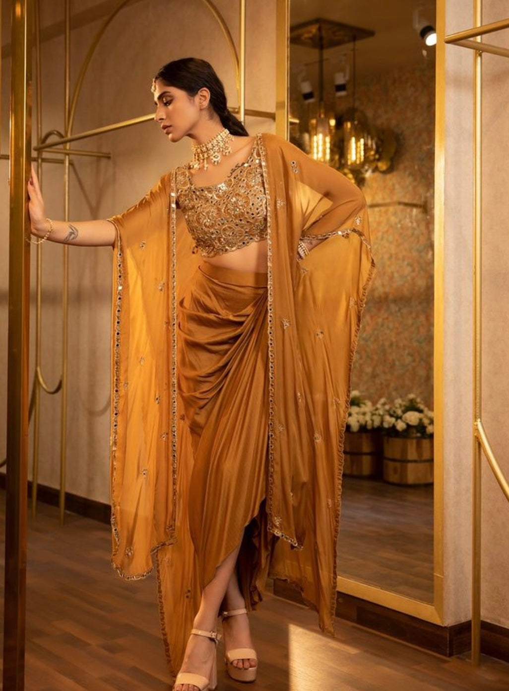 Blue & Mustard Drape Skirt with Blouse and Cape – Mirror, Dori, Sequin & Cutdana Embroidery in Crepe