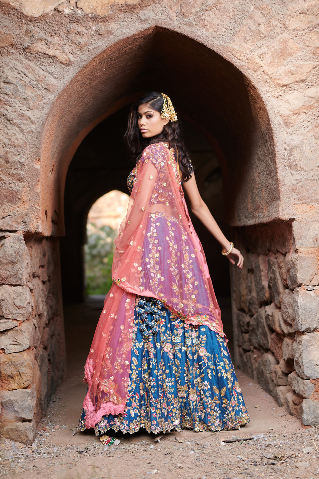 Pre-Bridal Raw Silk Lehenga with Net Dupatta – Hand Embroidered in Blue
