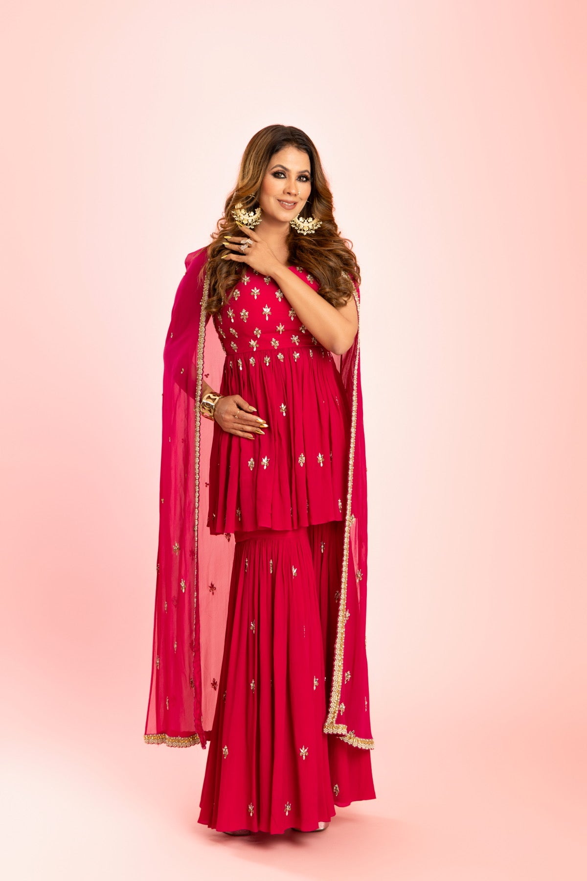 Pink Peplum Sharara Set with Cape Dupatta – Sequin, Pearl & Cutdana Embroidery in Crepe-Georgette