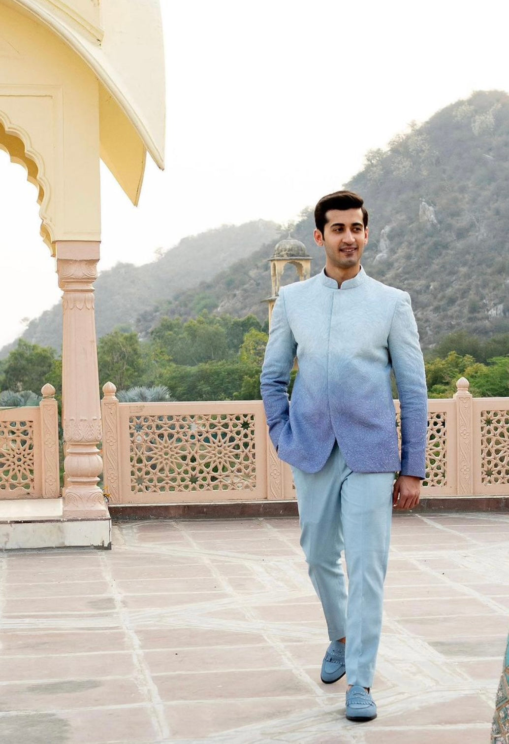 Sky Blue Ombre Bandhgala Suit