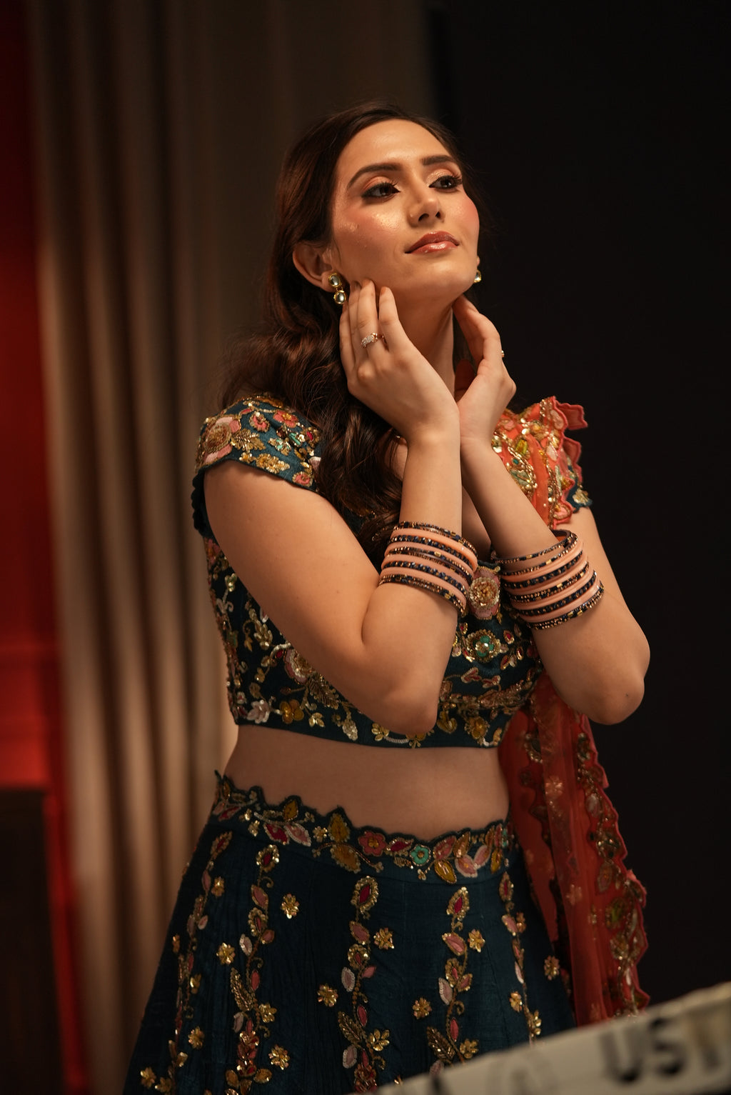 Pre-Bridal Raw Silk Lehenga with Net Dupatta – Hand Embroidered in Blue
