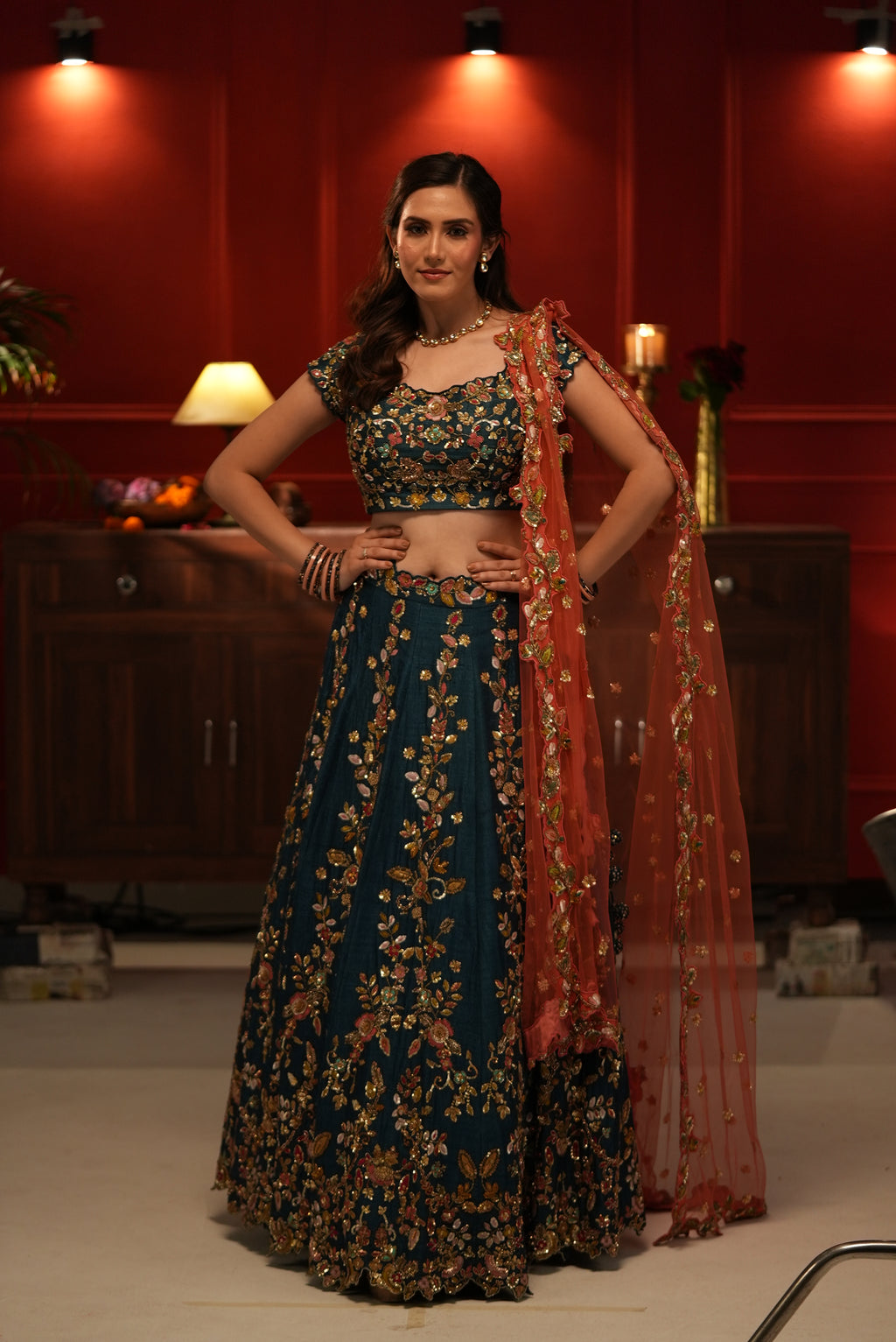 Pre-Bridal Raw Silk Lehenga with Net Dupatta – Hand Embroidered in Blue