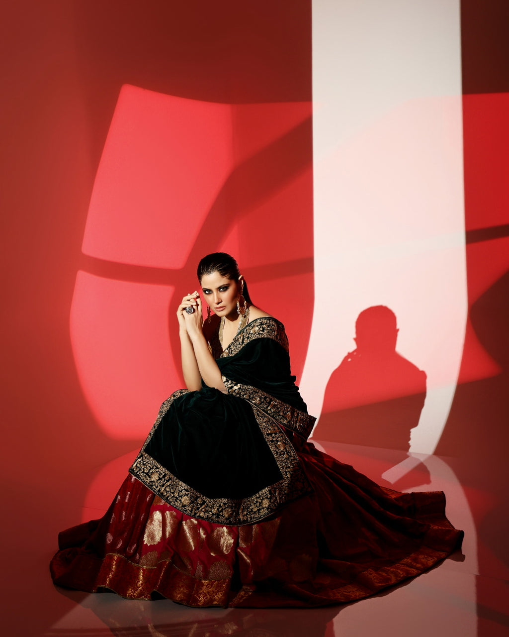 Banarasi Lehenga with Halter Neck Blouse & Velvet Dupatta