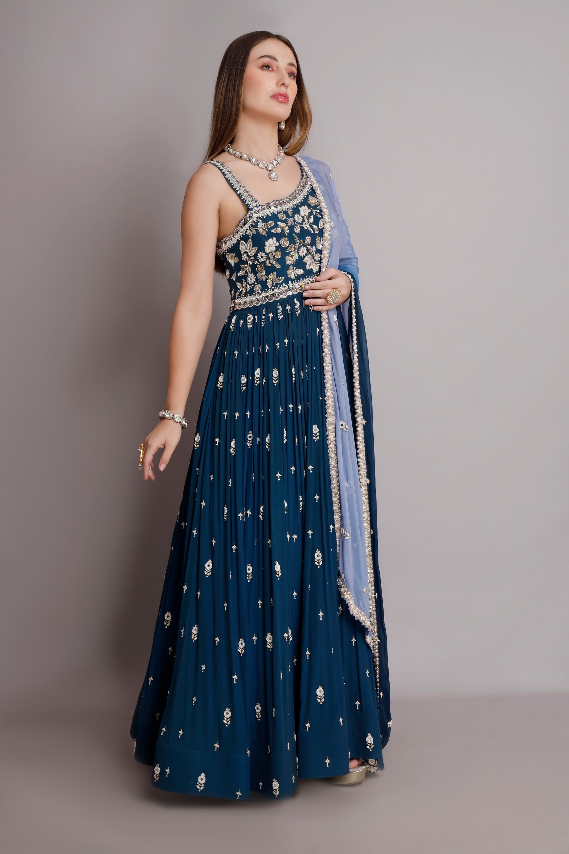 Blue One-Shoulder Anarkali with Ombre Dupatta