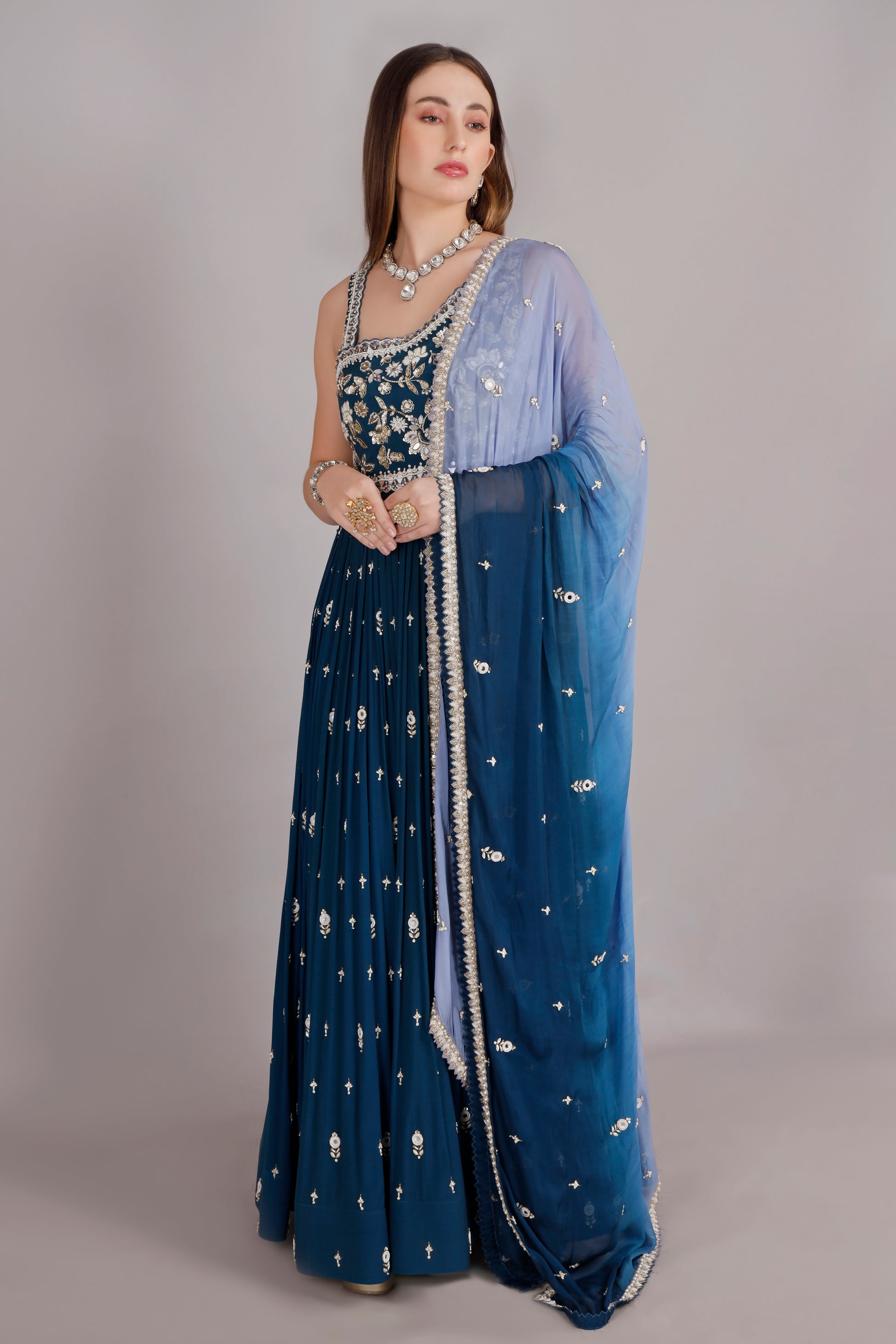 Blue One-Shoulder Anarkali with Ombre Dupatta
