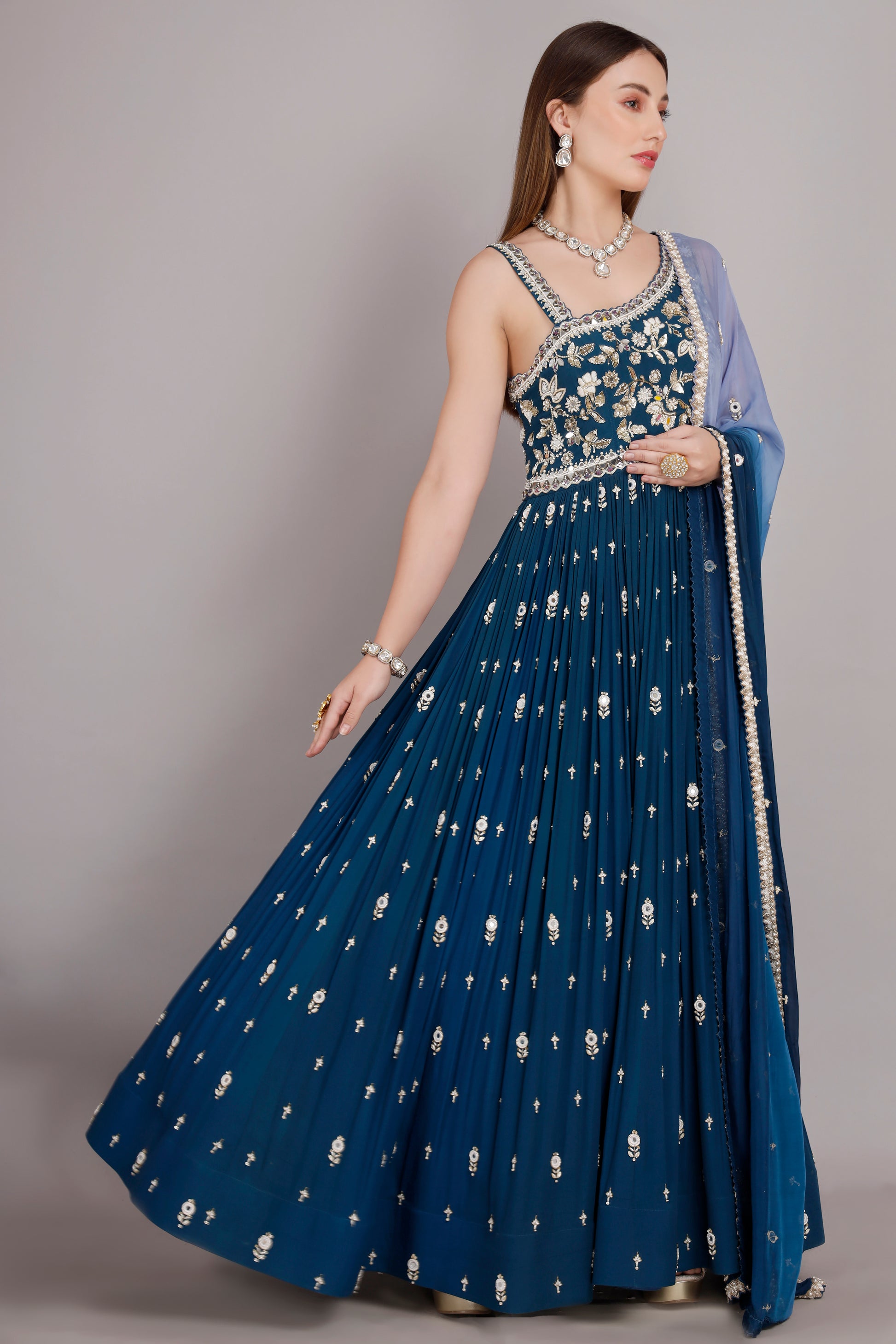 Blue One-Shoulder Anarkali with Ombre Dupatta