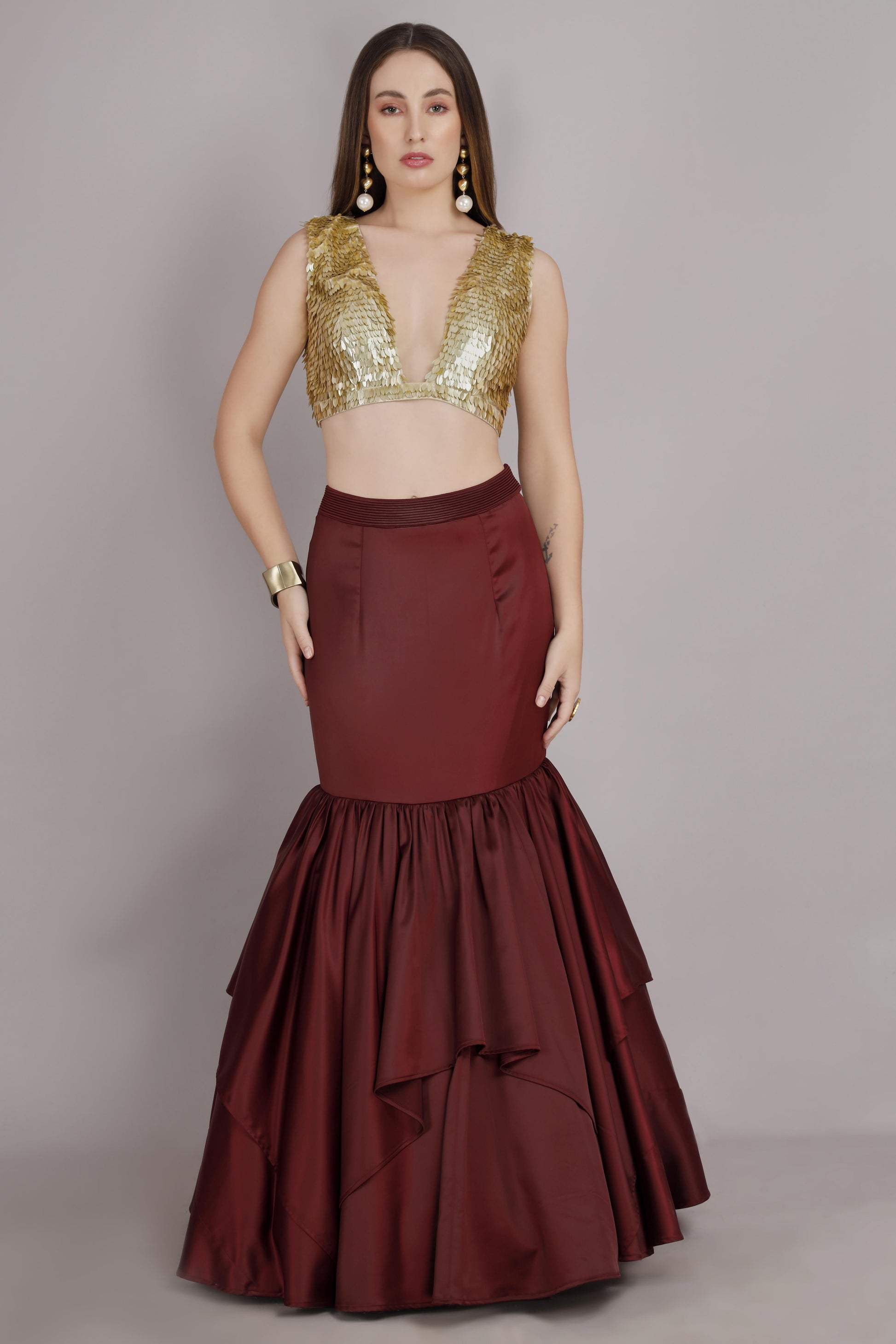 Gold Sequin Embroidered Fish-Cut Skirt with Matching Blouse – Gold & Maroon in Dutch Satin