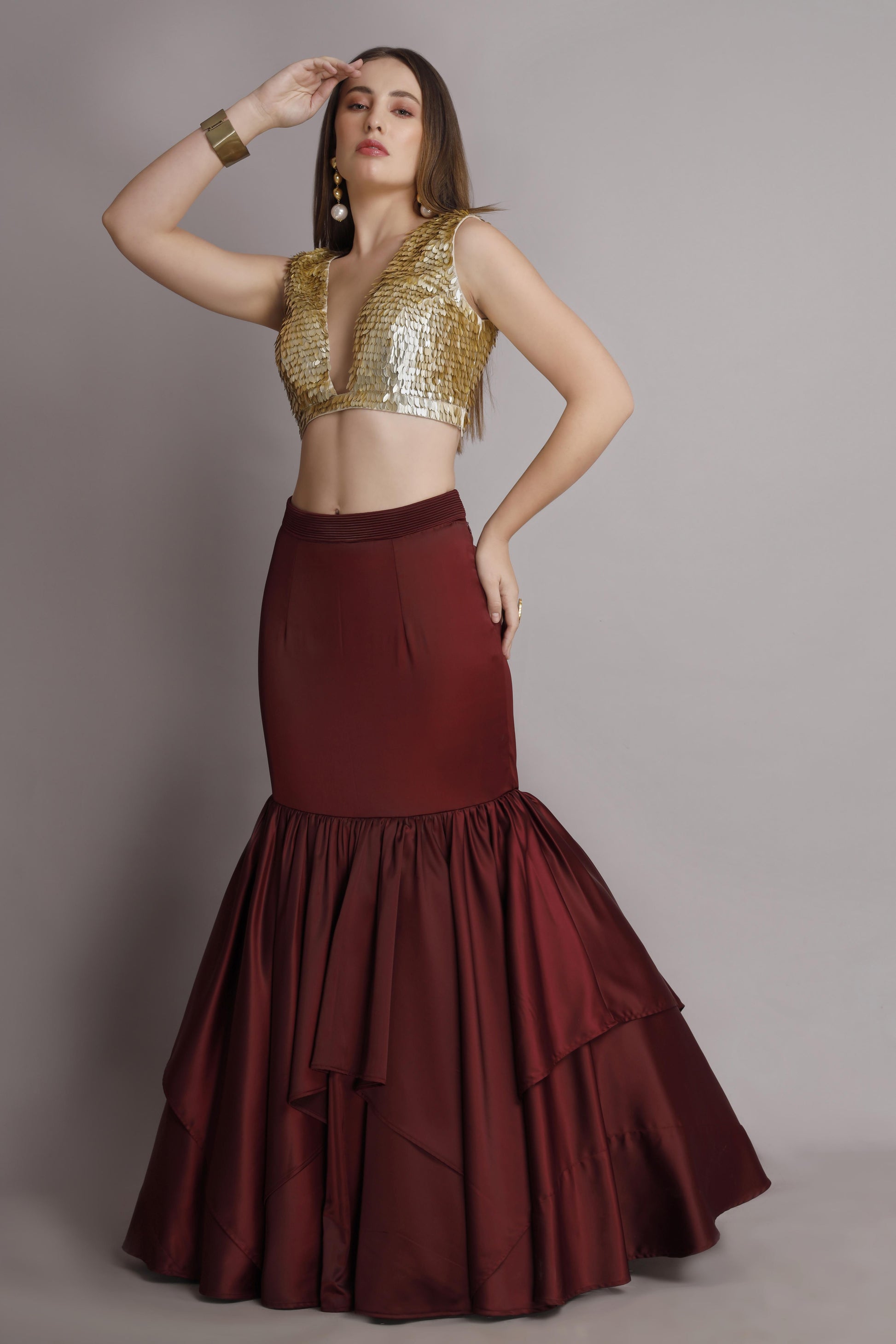 Gold Sequin Embroidered Fish-Cut Skirt with Matching Blouse – Gold & Maroon in Dutch Satin