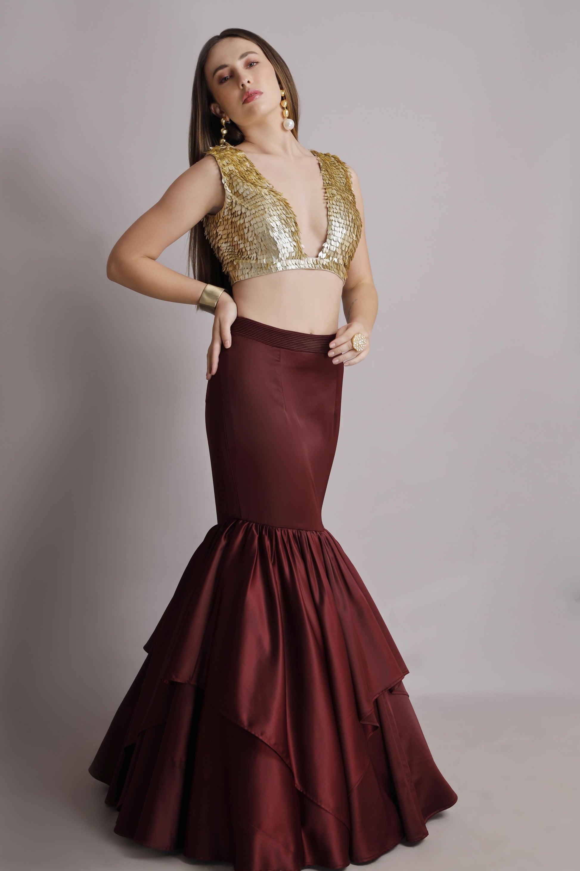 Gold Sequin Embroidered Fish-Cut Skirt with Matching Blouse – Gold & Maroon in Dutch Satin