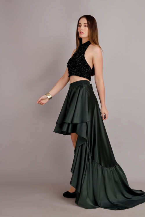 Black Crystal Blouse with Green Satin High-Low Skirt