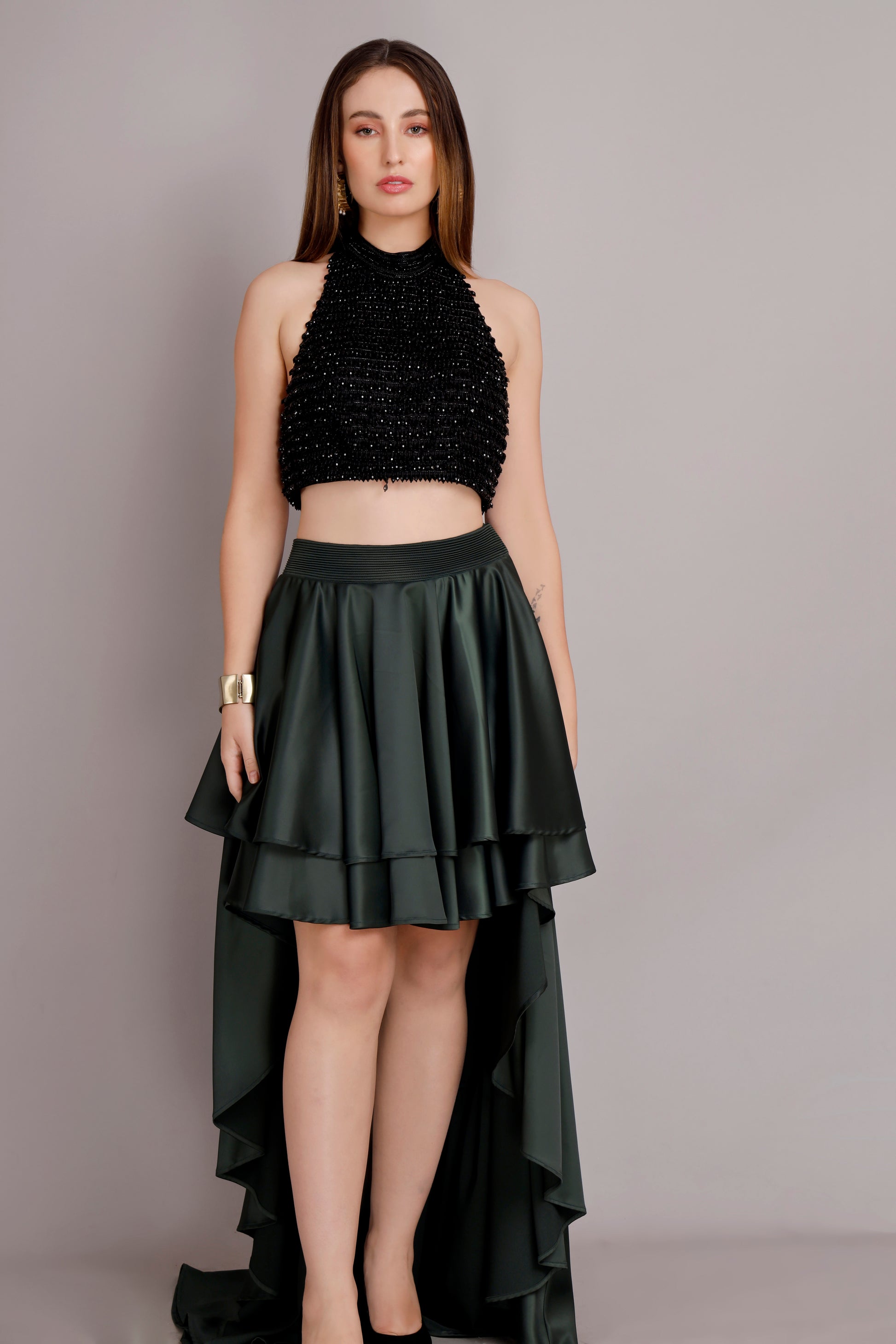 Black Crystal Blouse with Green Satin High-Low Skirt