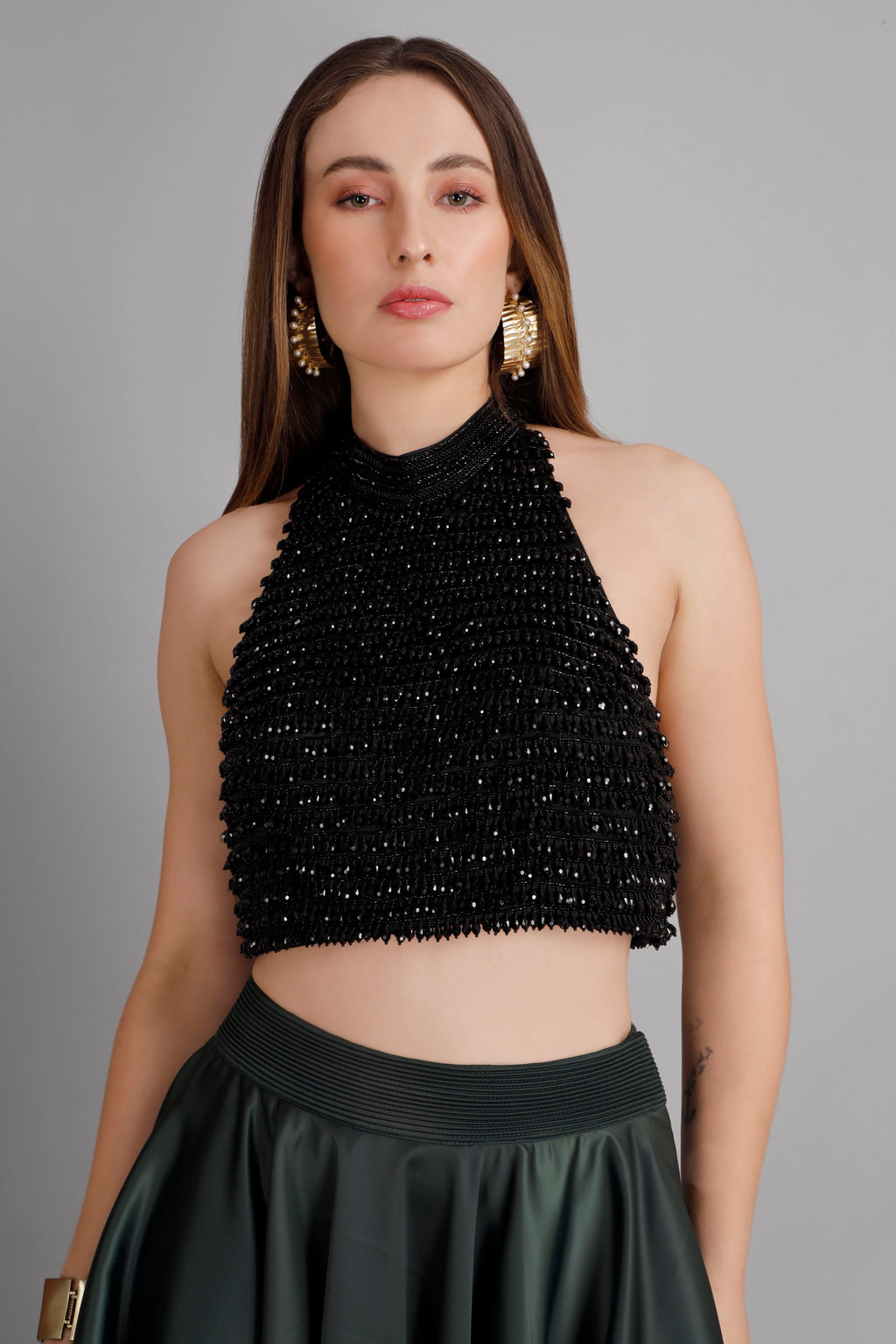 Black Crystal Blouse with Green Satin High-Low Skirt