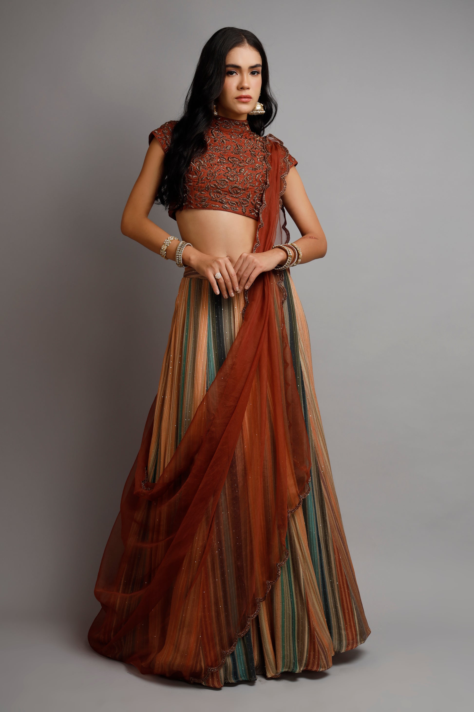 Multi-Coloured Skirt with Rust Blouse and Dupatta