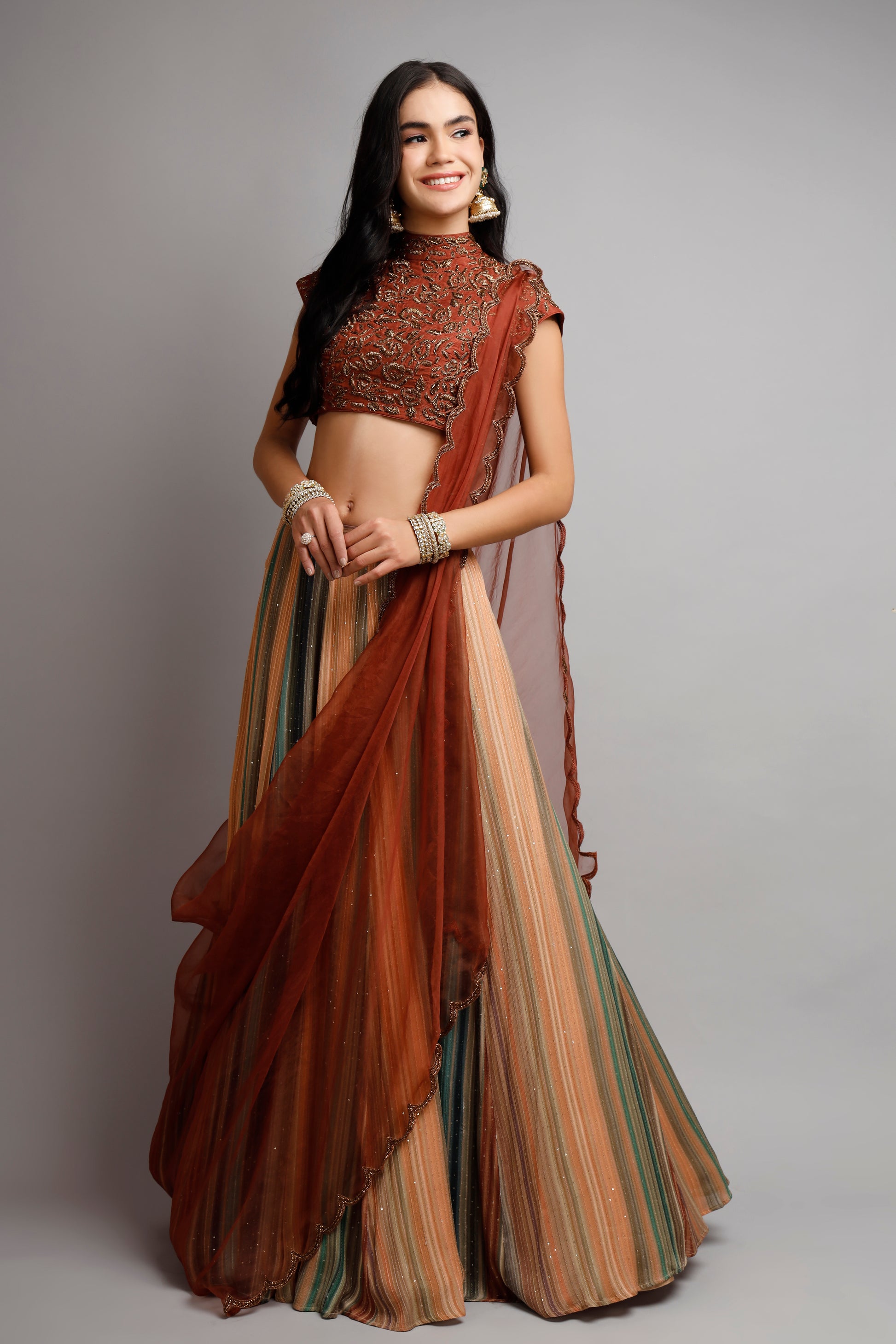 Multi-Coloured Skirt with Rust Blouse and Dupatta