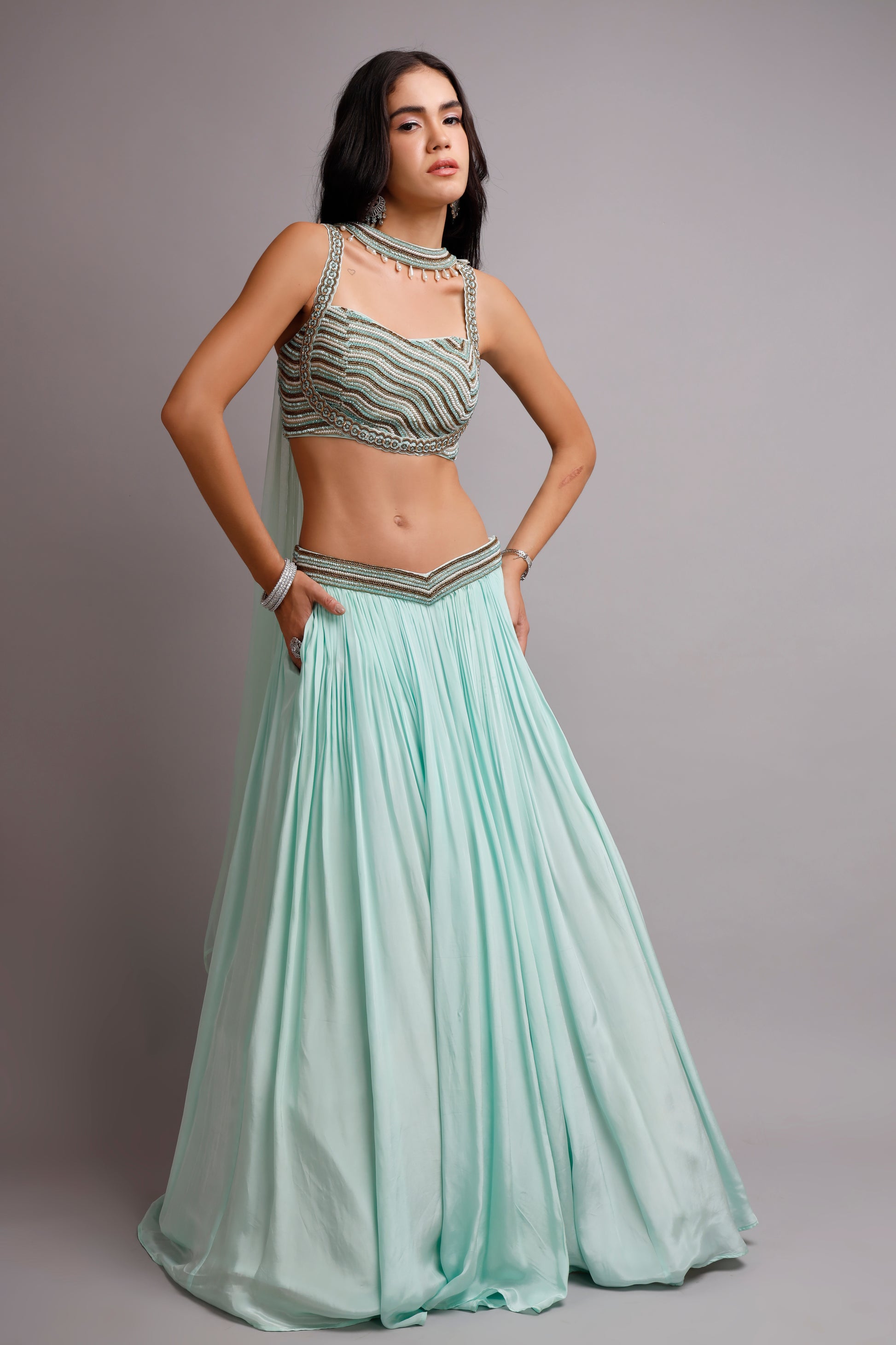 Turquoise Skirt with Hand-Embroidered Blouse & Choker Dupatta