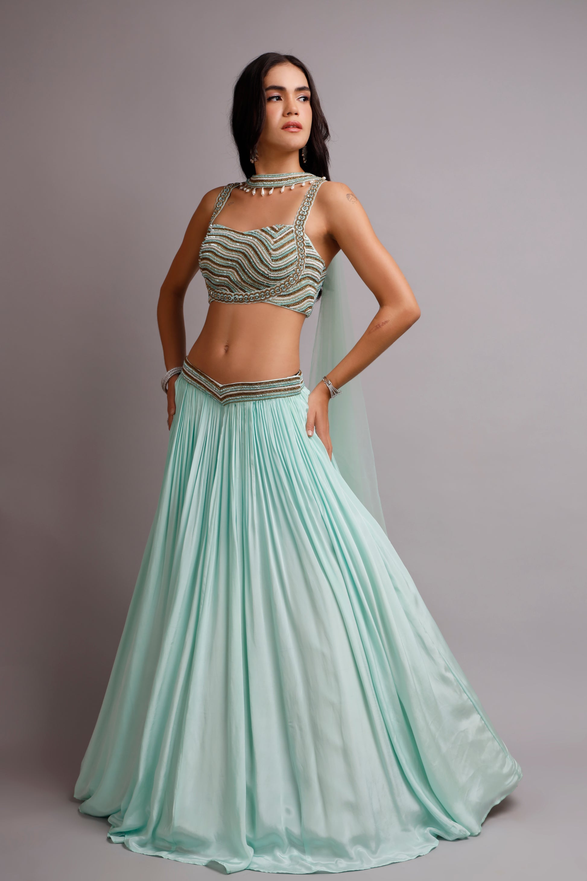Turquoise Skirt with Hand-Embroidered Blouse & Choker Dupatta