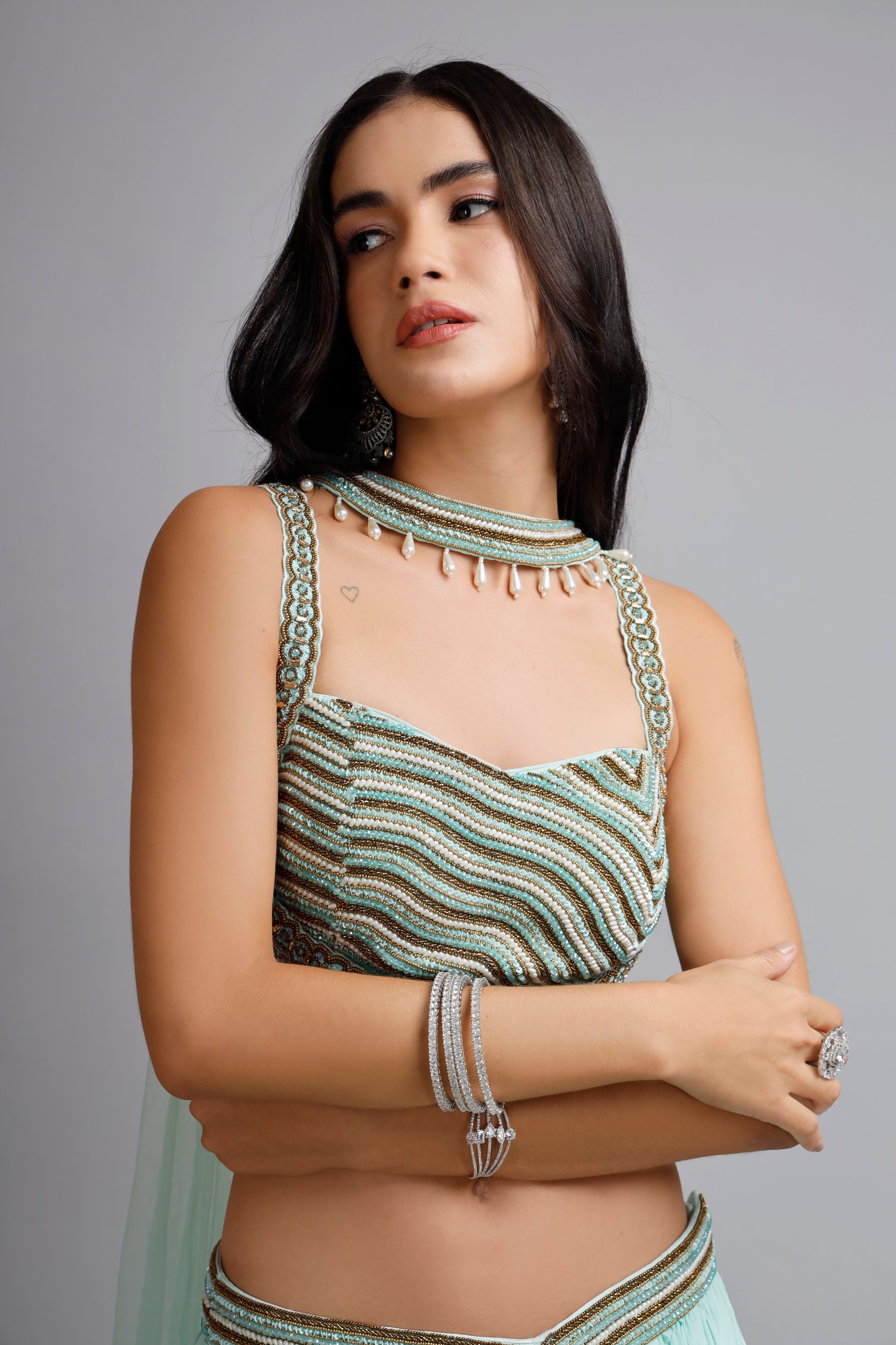 Turquoise Skirt with Hand-Embroidered Blouse & Choker Dupatta