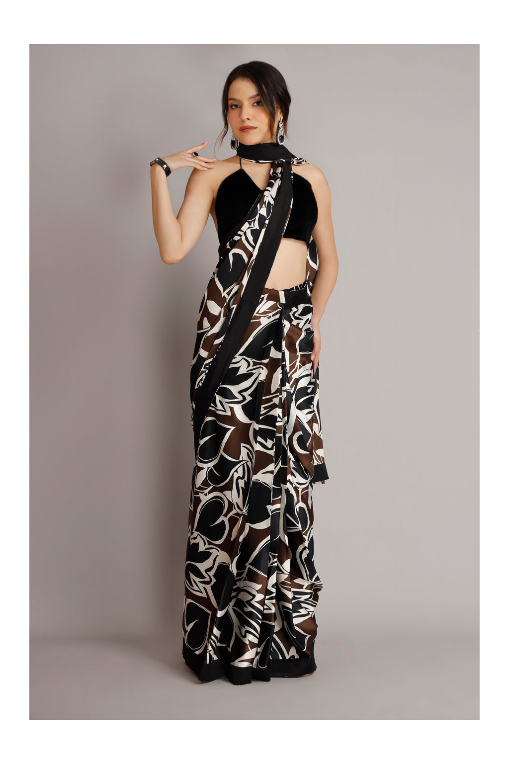 Satin Silk Pre-Draped Saree with Fur Bralette