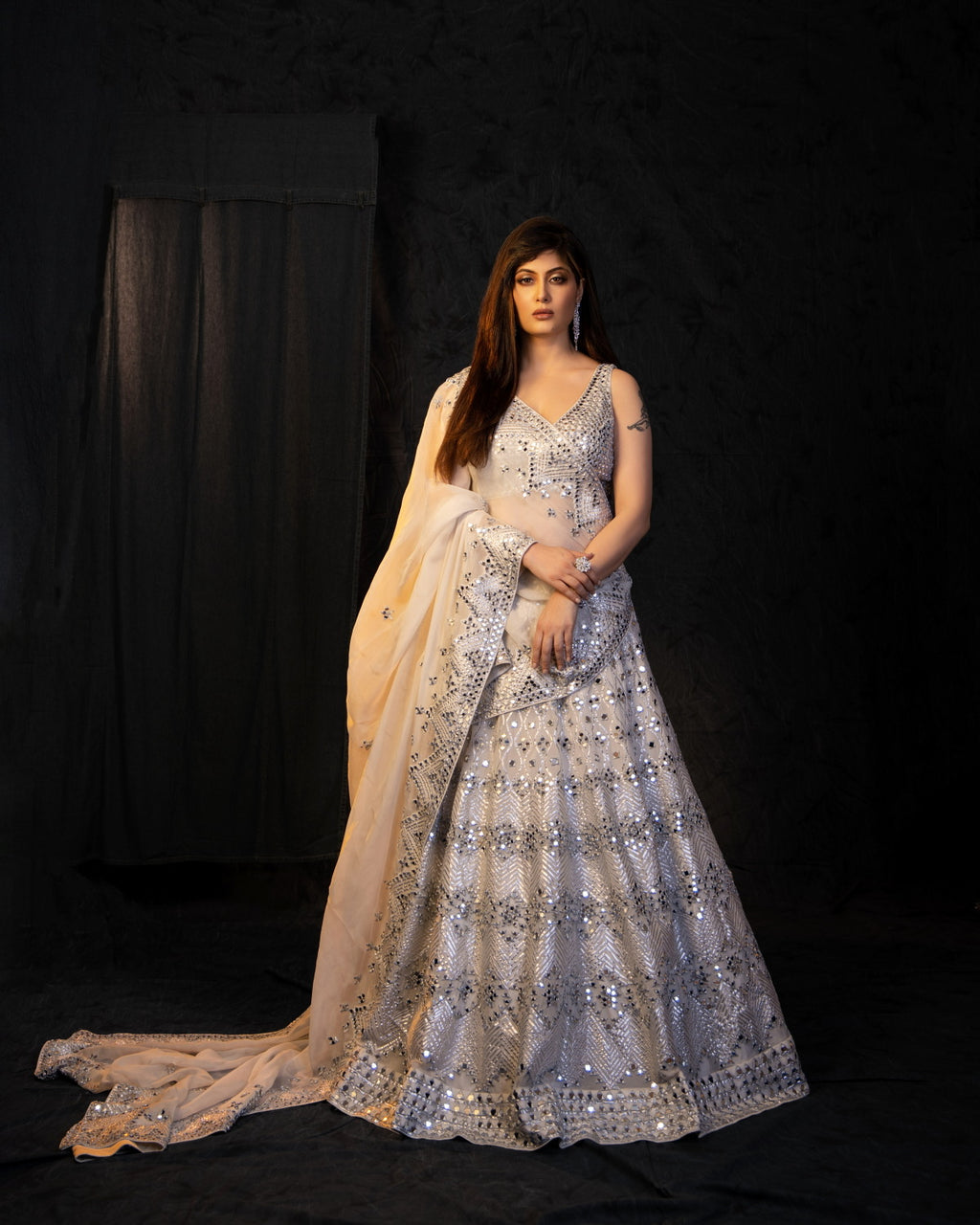 Silk Organza Mirror Embroidery Lehenga