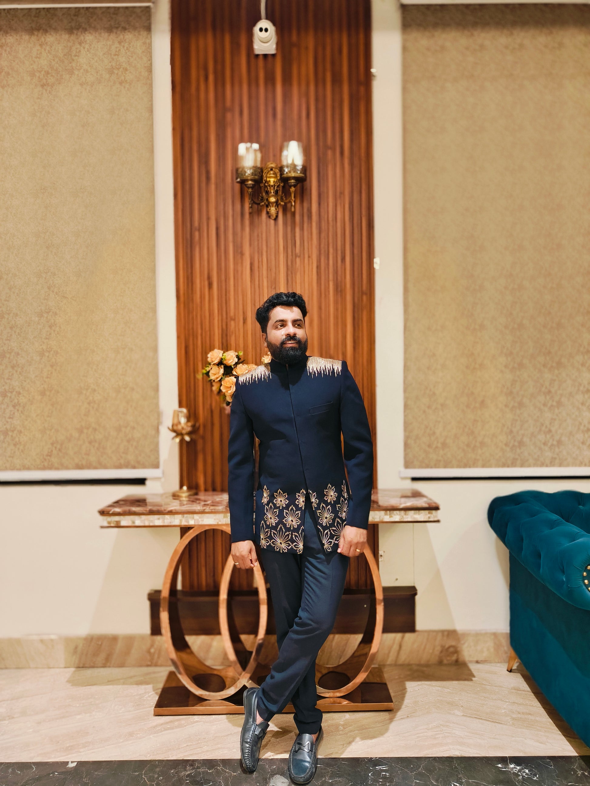 Regal Navy Embroidered Bandhgala Suit