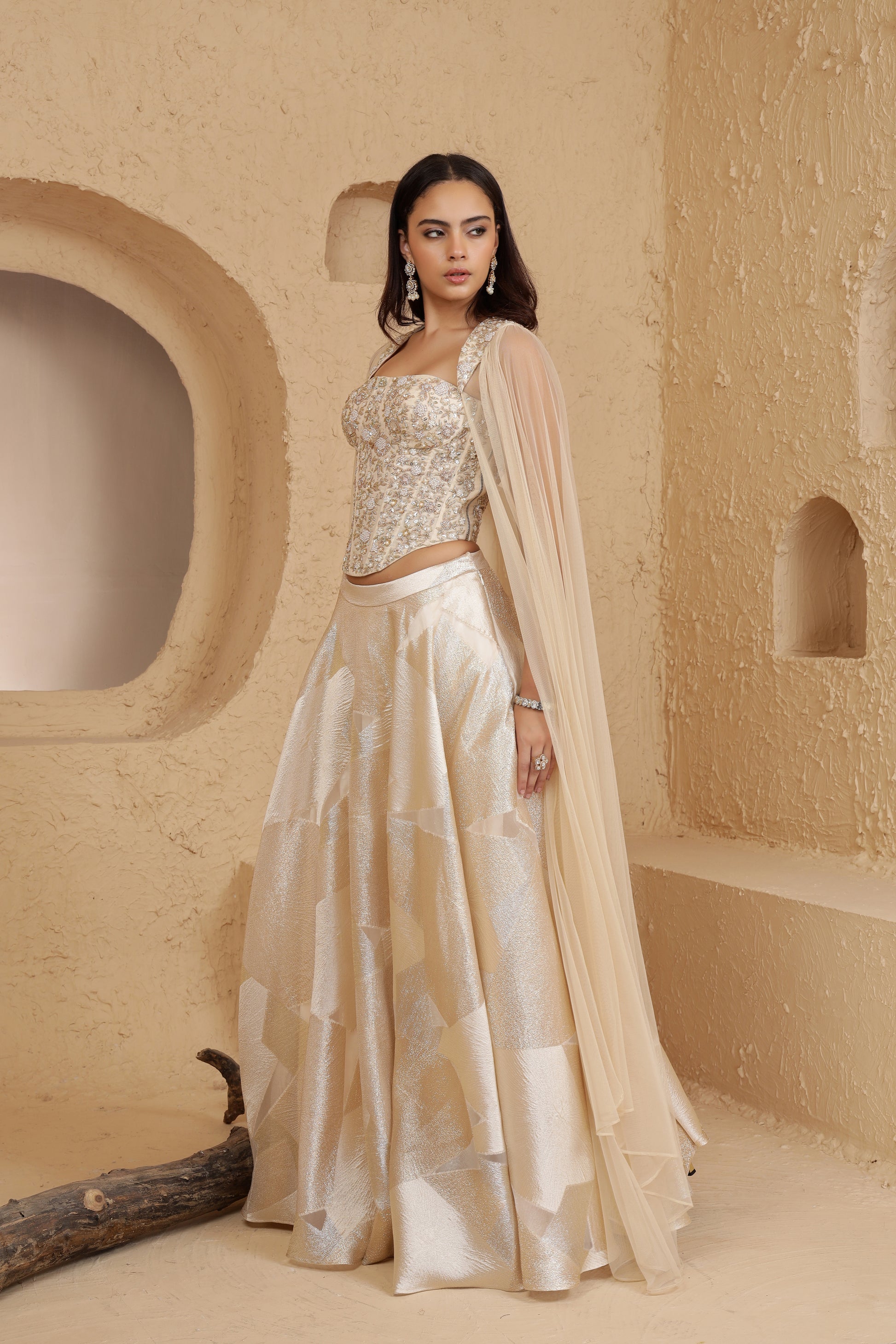 Ivory Corset with Cape Sleeves and Organza Zari Skirt