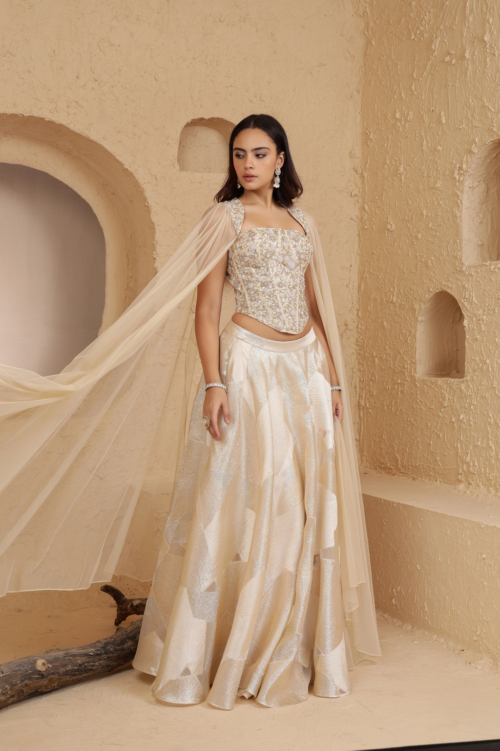 Ivory Corset with Cape Sleeves and Organza Zari Skirt