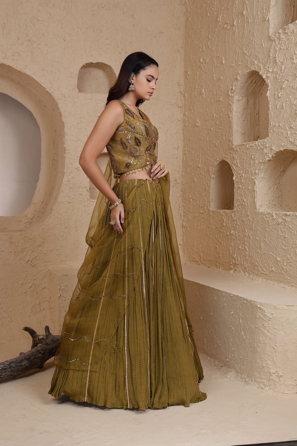 Heena Green Crinkled Lehenga with Anaar Motifs