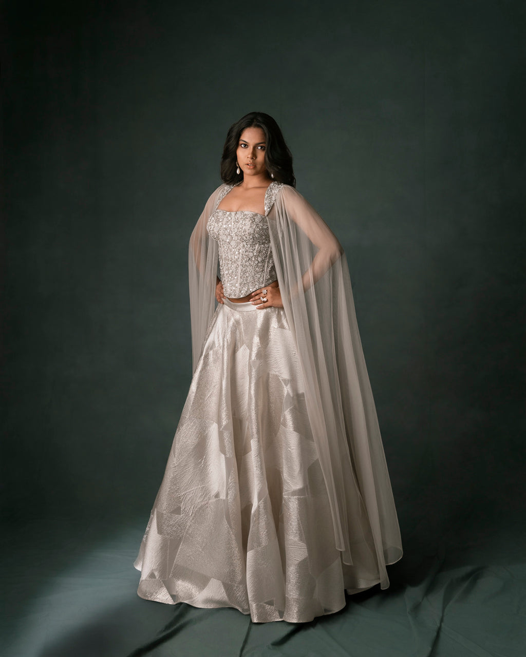 Ivory Corset with Cape Sleeves and Organza Zari Skirt