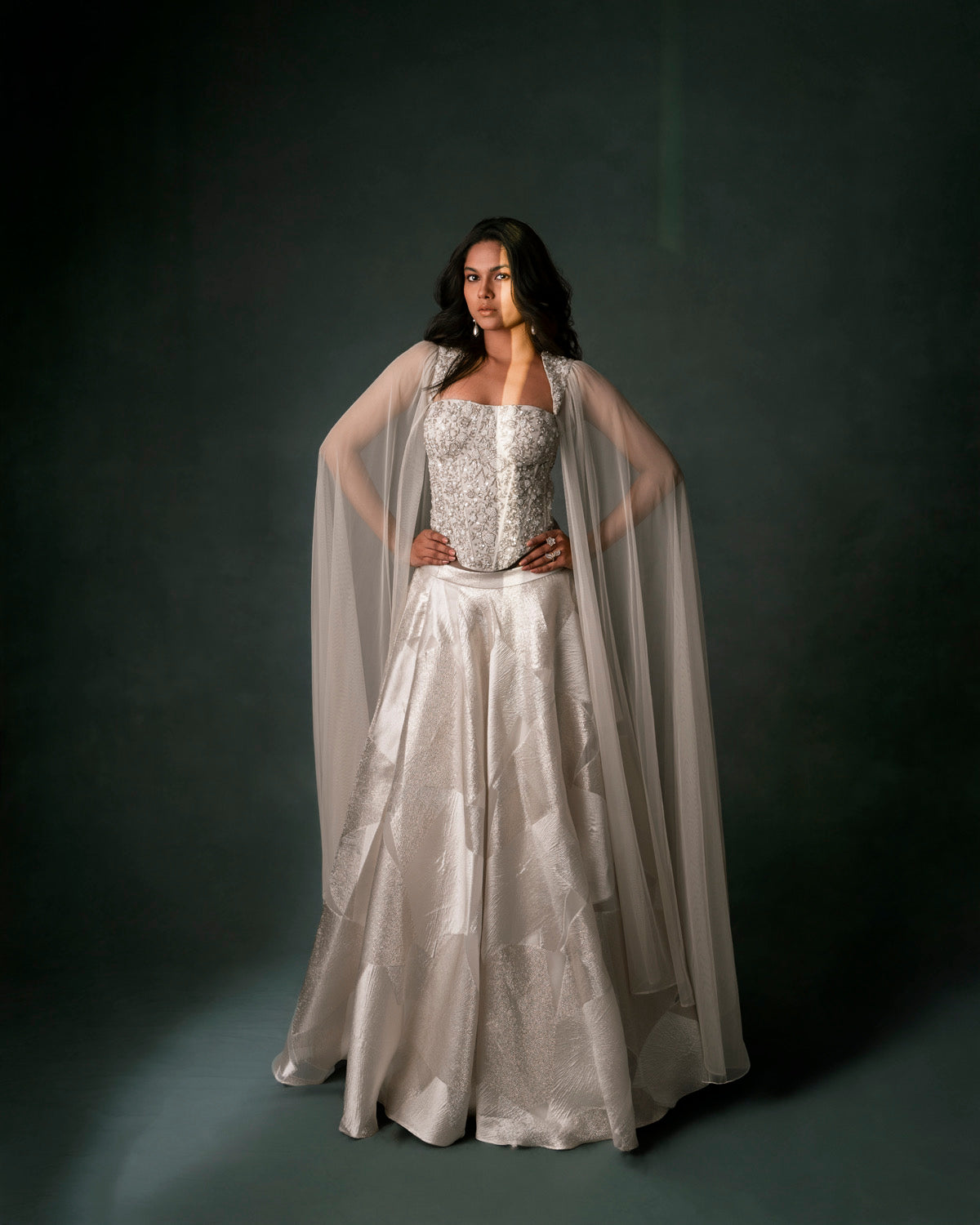 Ivory Corset with Cape Sleeves and Organza Zari Skirt