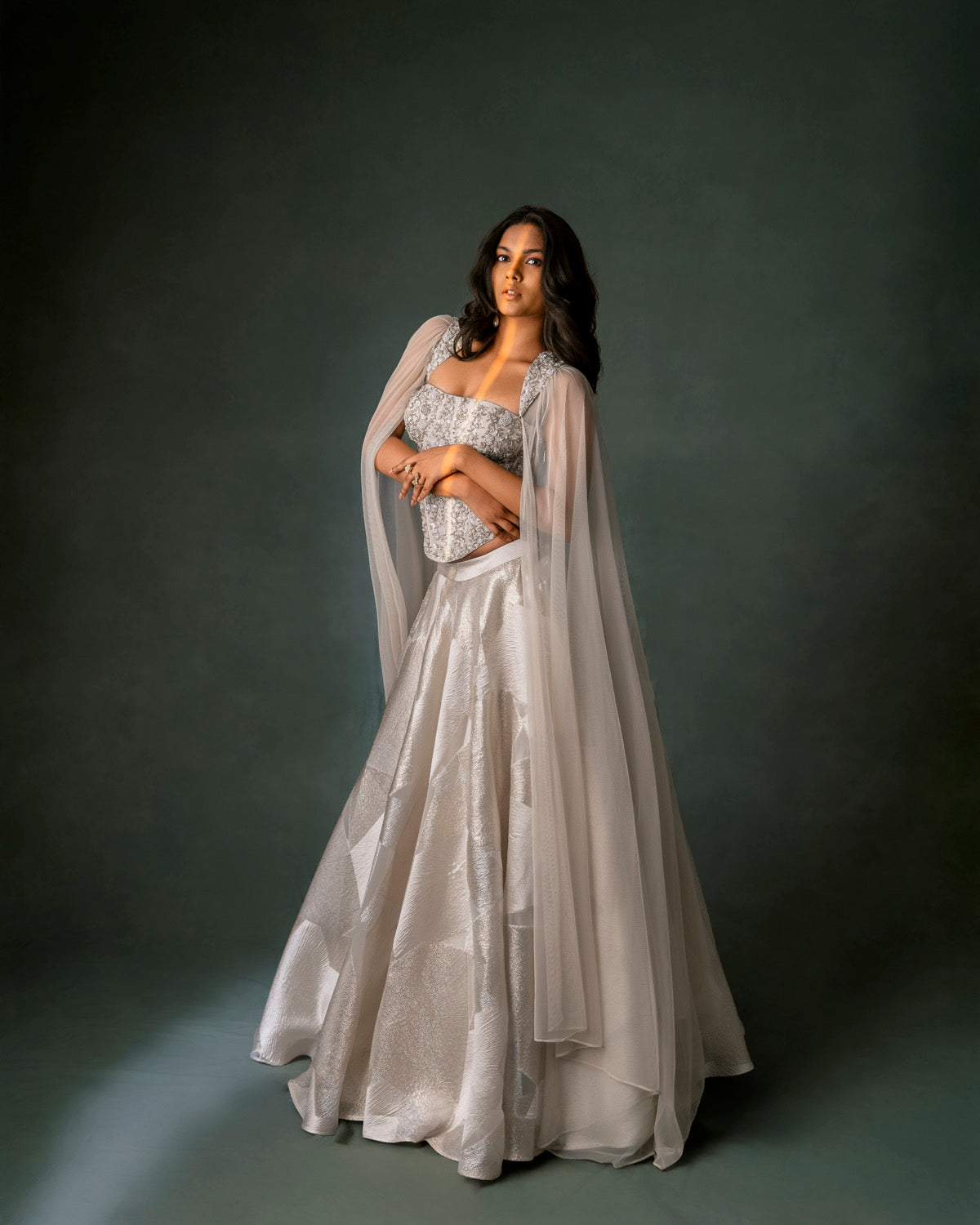 Ivory Corset with Cape Sleeves and Organza Zari Skirt